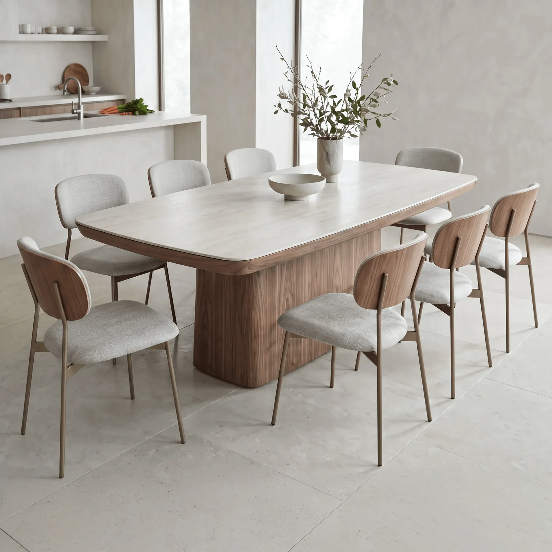 BDI Halcyon Dining Table with Ivory Travertine Ceramic Top and Natural Walnut Base in a modern dining room, 3/4 view.