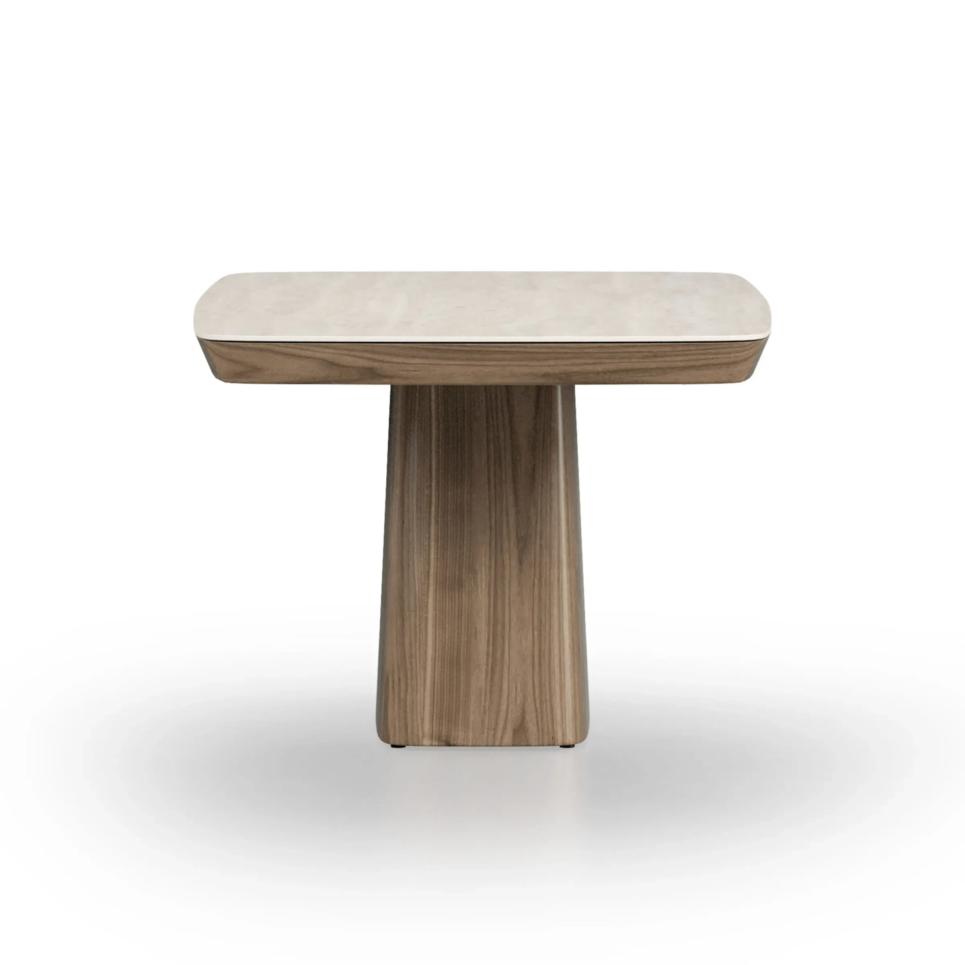 BDI Halcyon Dining Table, modern style, ivory travertine ceramic top, natural walnut base, front view.
