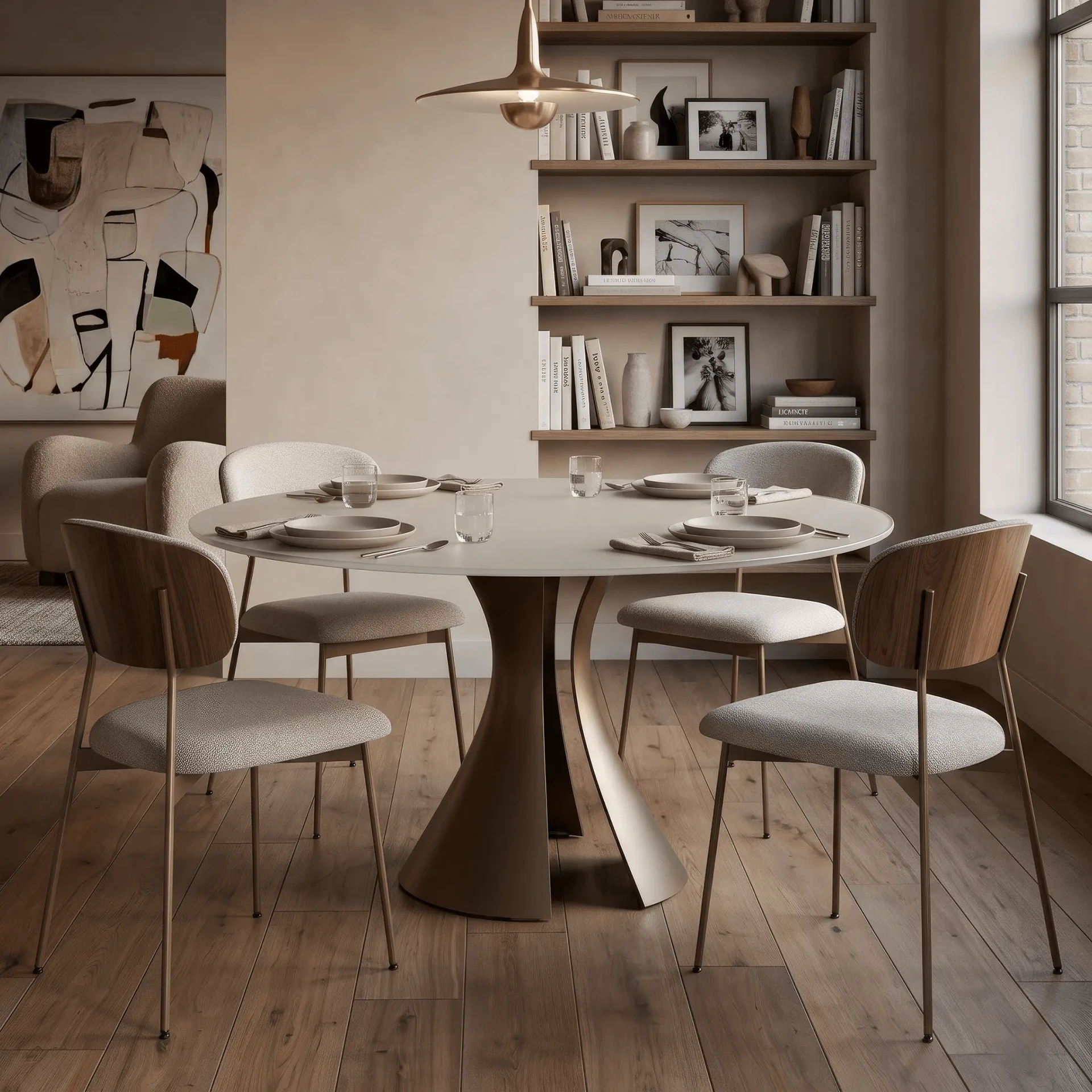 BDI Bloom Round Dining Table with Oyster Glass Top and Bronze Metal Base in a modern dining room, eye-level view.
