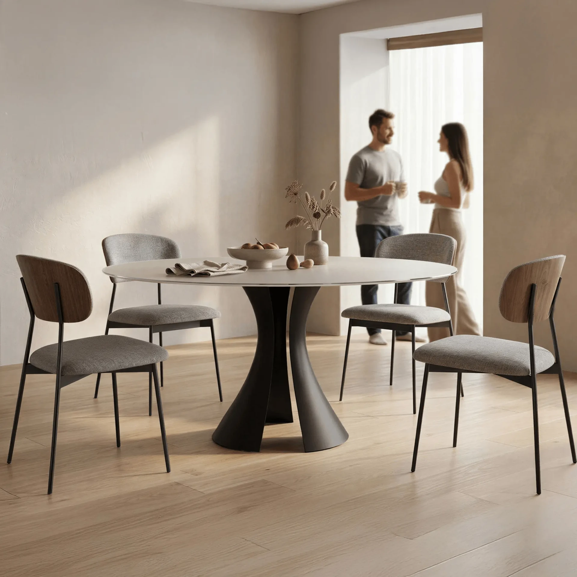 BDI Bloom Round Dining Table with Oyster Glass Top and Black Metal Base in a dining room, wide angle lifestyle shot.