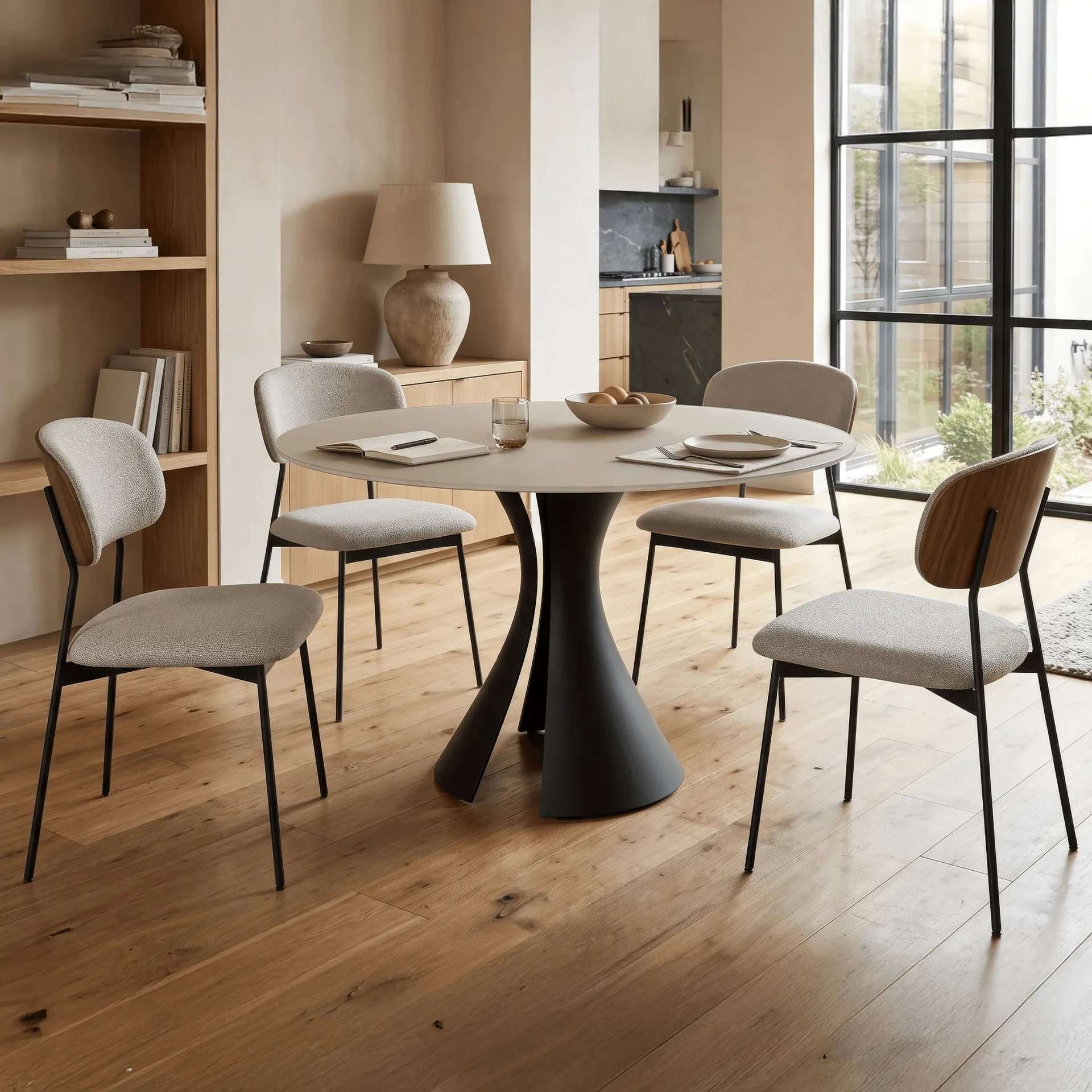 48 IN. - BDI Bloom Round Dining Table with Oyster Glass Top and Black Metal Base in a modern dining room, angled view.