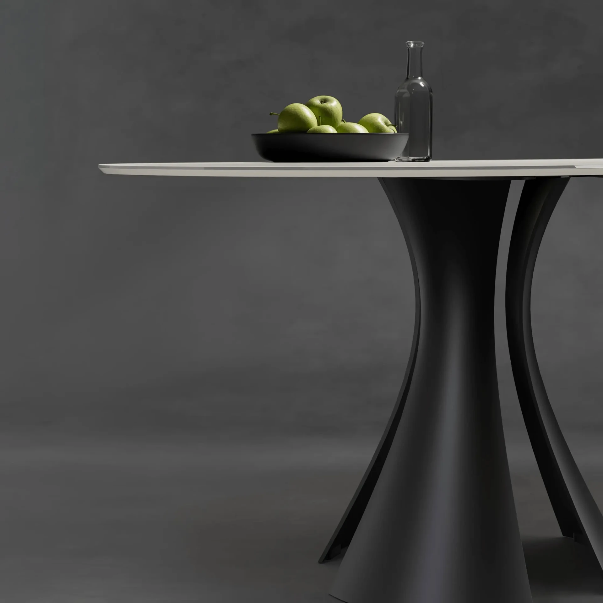 48 IN. - BDI Bloom Round Dining Table with Oyster Glass Top and Black Metal Base in a dining setting, side view.