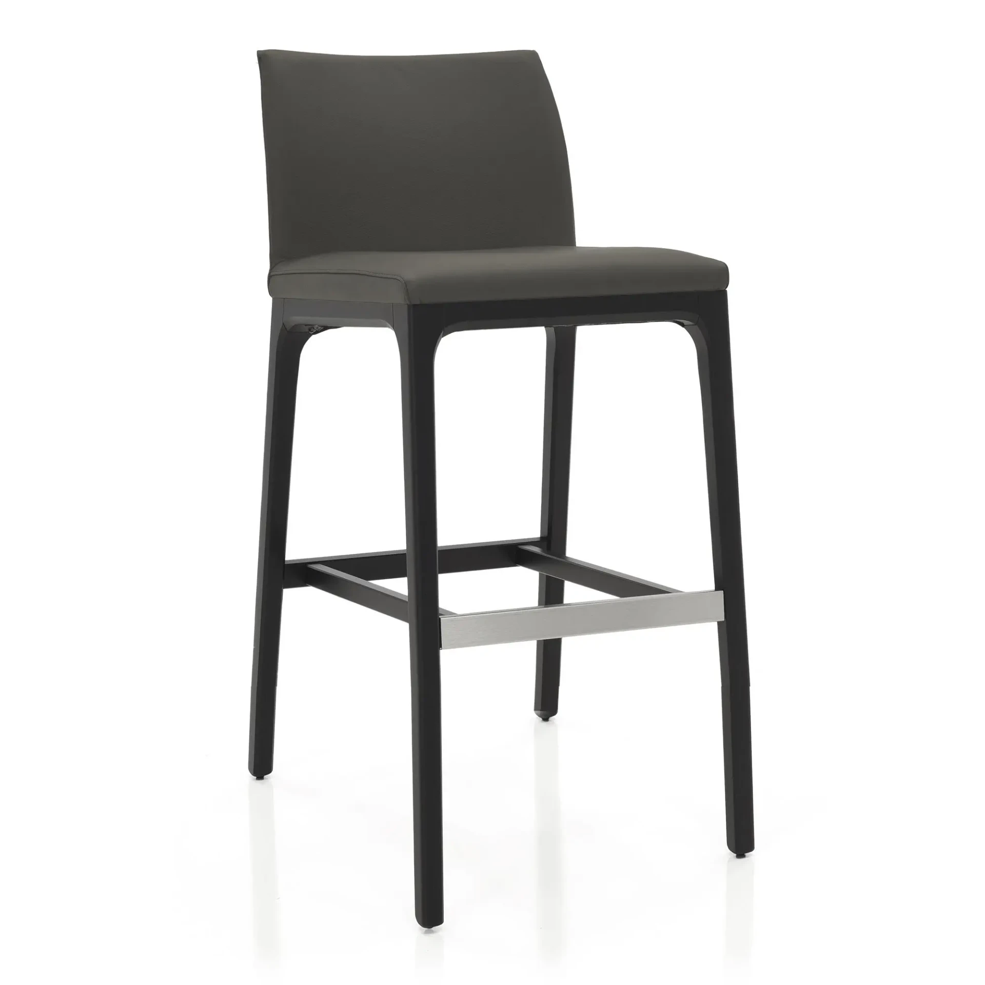 SMOKE - Cattelan Arcadia Couture Bar Stool, smoke soft leather, matt black stained beech frame, 30 inch seat, three-quarter view