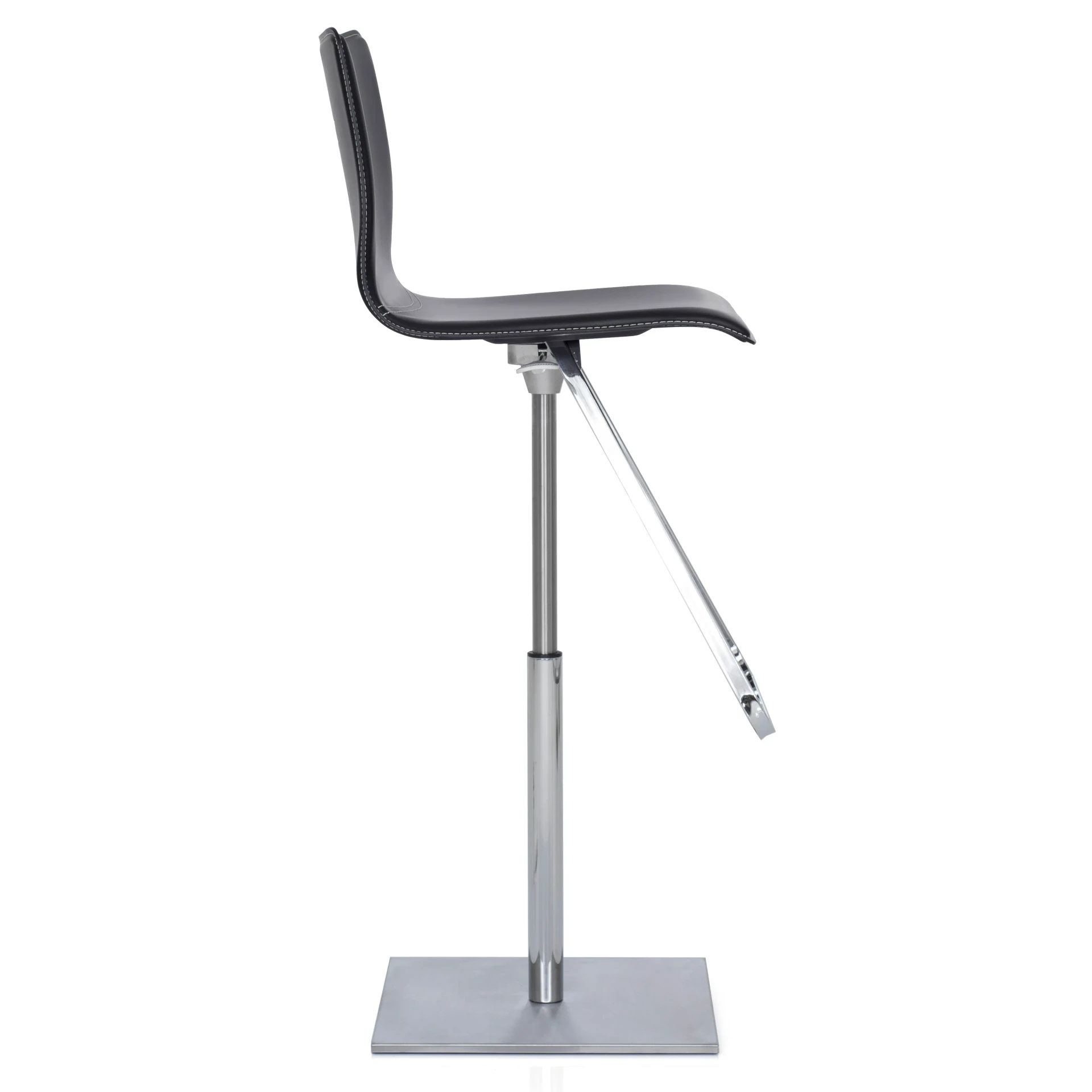 BLACK LEATHER/CHROME - Cattelan Toto Bar Stool, modern black leather with beige stitching, chrome post, satin steel base, side view