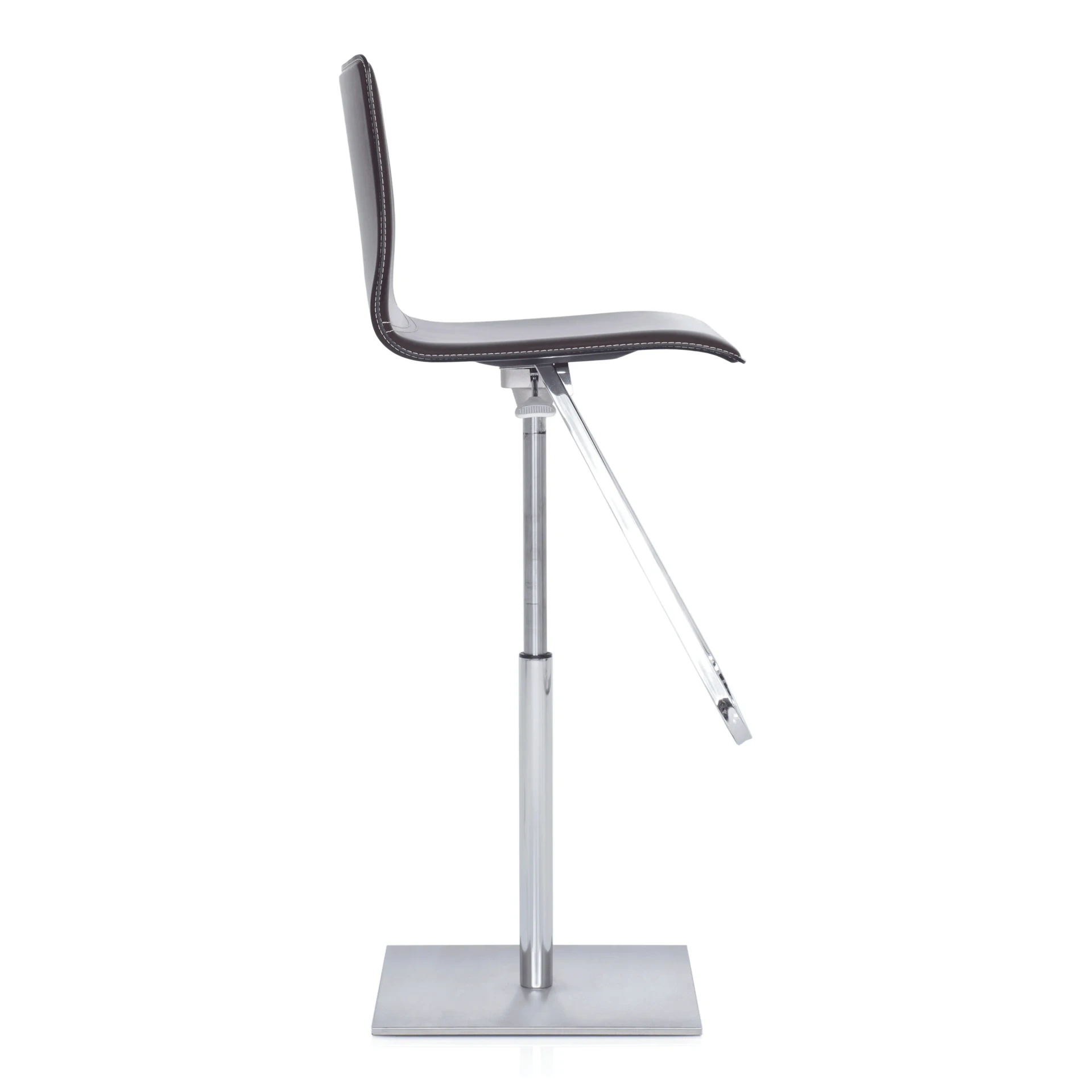 BROWN LEATHER/CHROME - Cattelan Toto Bar Stool, brown leather seat with beige contrast stitching, satin steel base, chrome post, side view