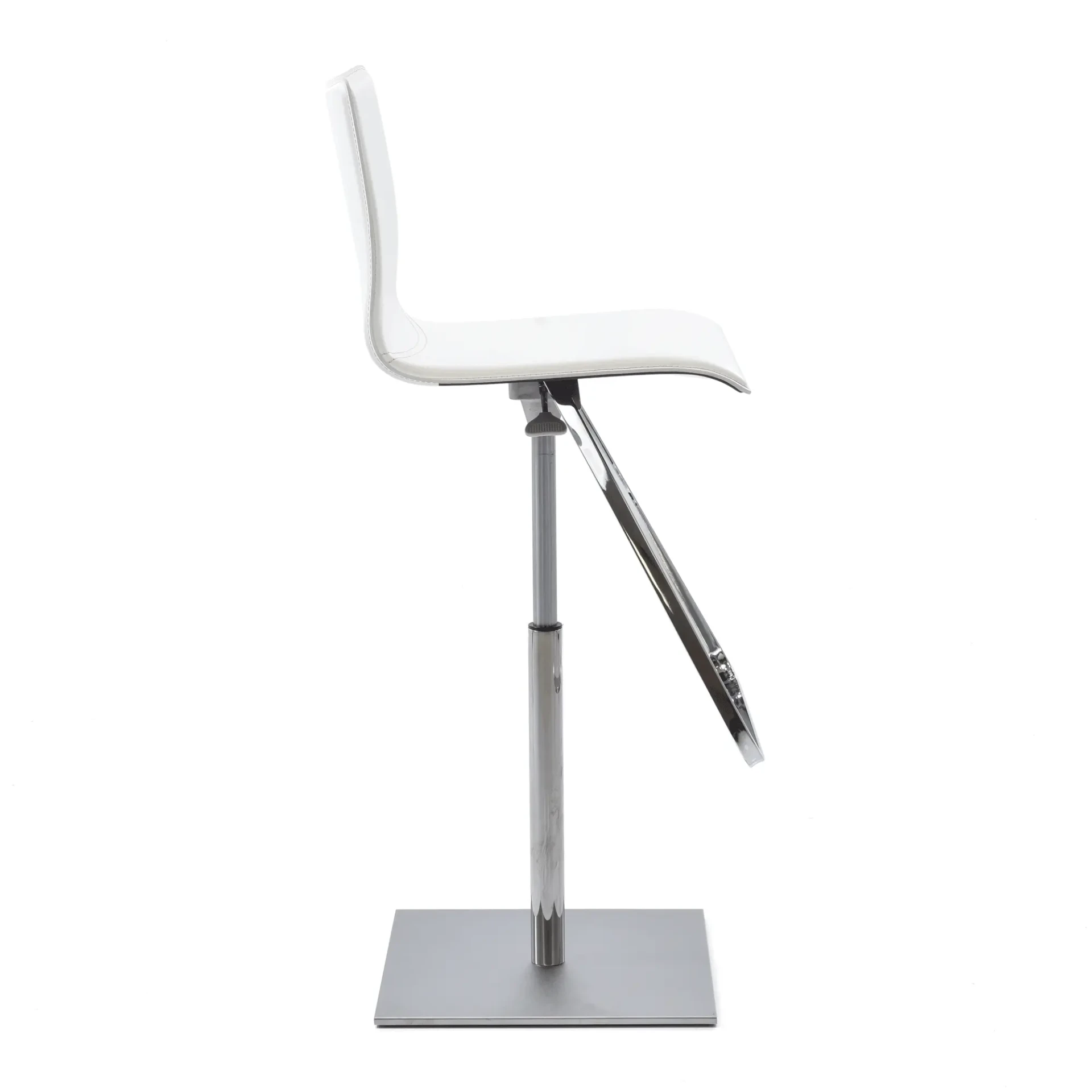 WHITE LEATHER/CHROME - Cattelan Toto Bar Stool in Bianco Leather 71 with beige stitching, satin steel base, chrome post, side view.