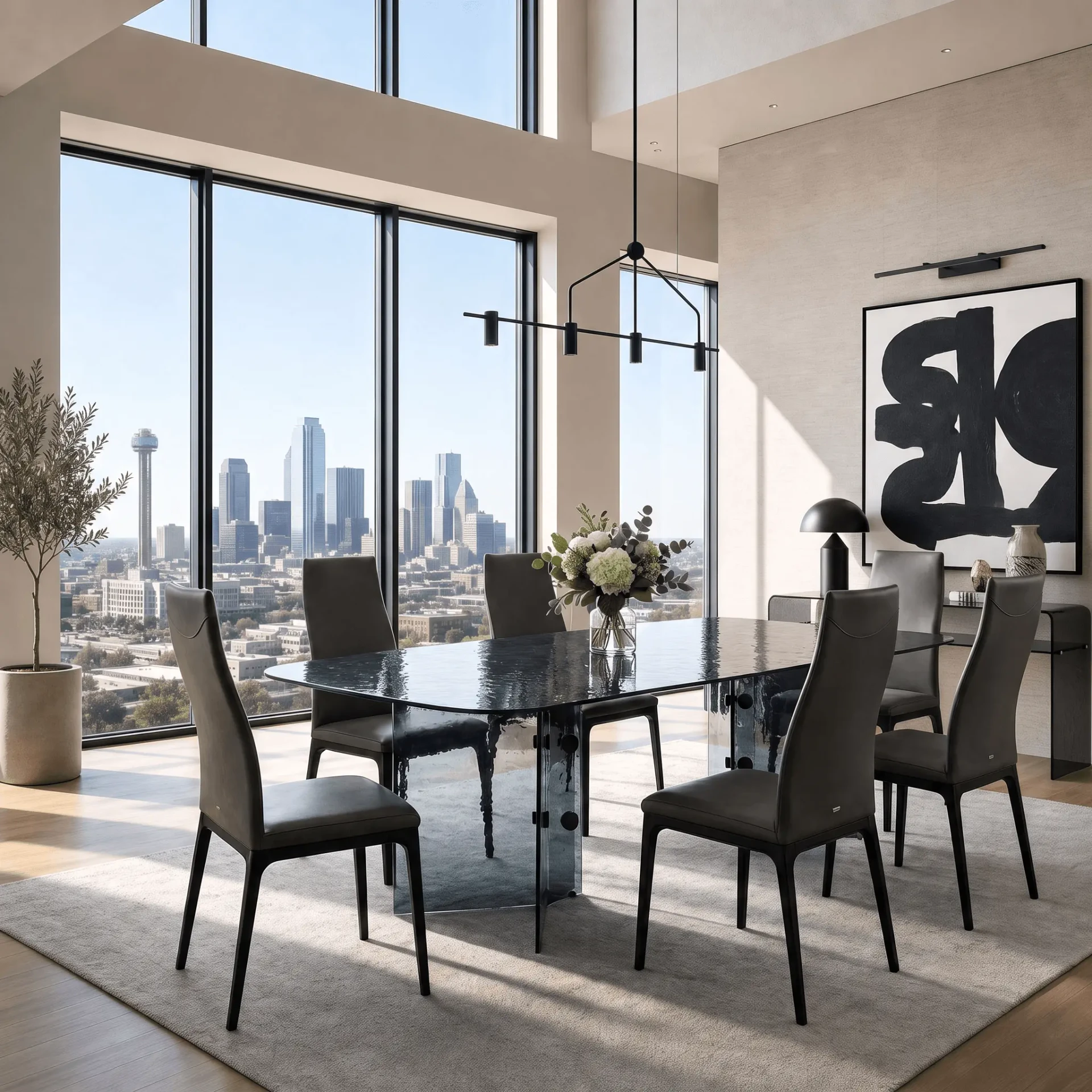 SMOKE || MATTE BLACK - Cattelan Arcadia High Back Side Chair, Smoke Grey Soft Leather, Matt Black Beech Frame in modern dining room, front view