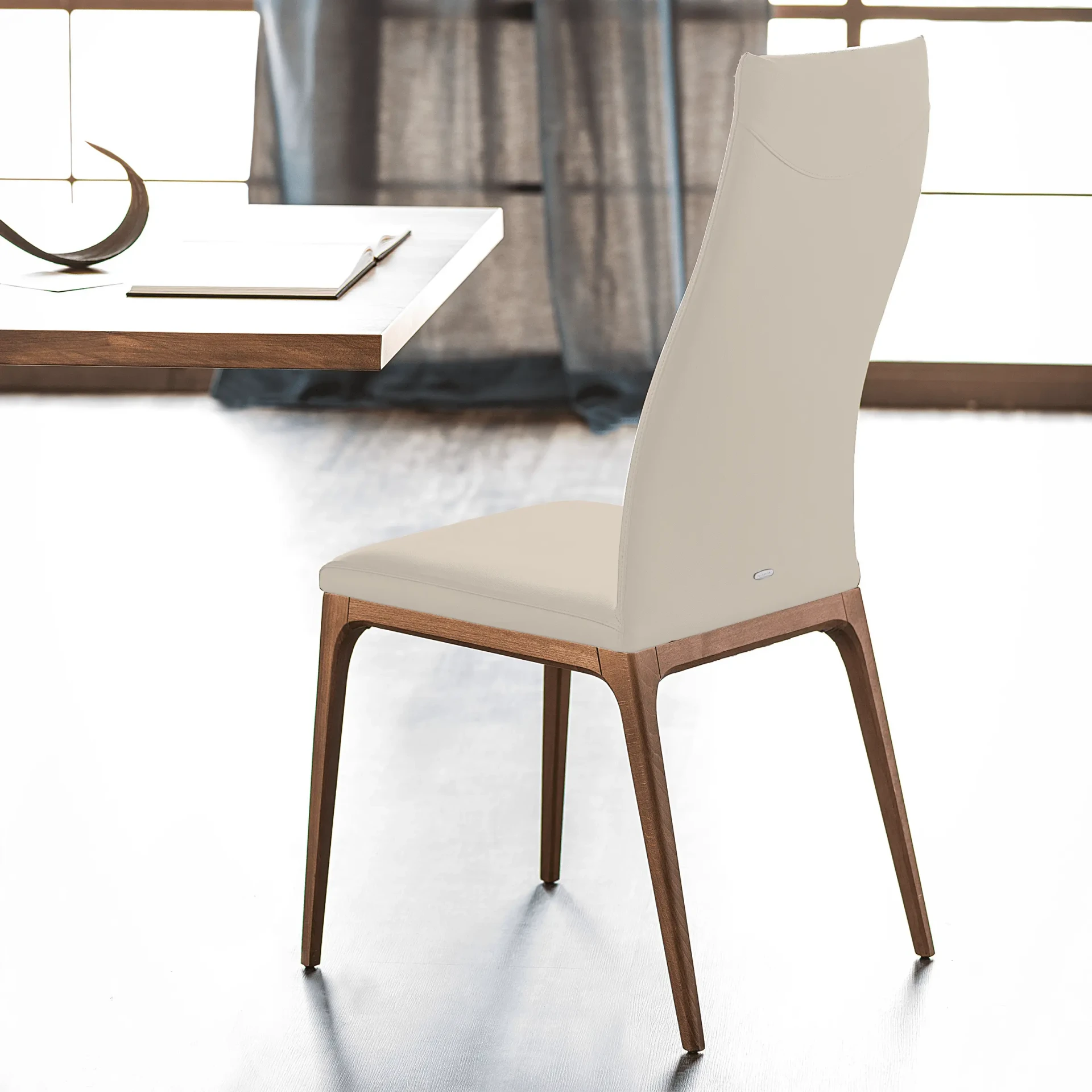 LINO || WALNUT - Cattelan Arcadia High Back Side Chair, Lino Soft Leather 948, Walnut Stained Beech Frame, side view in dining room setting.