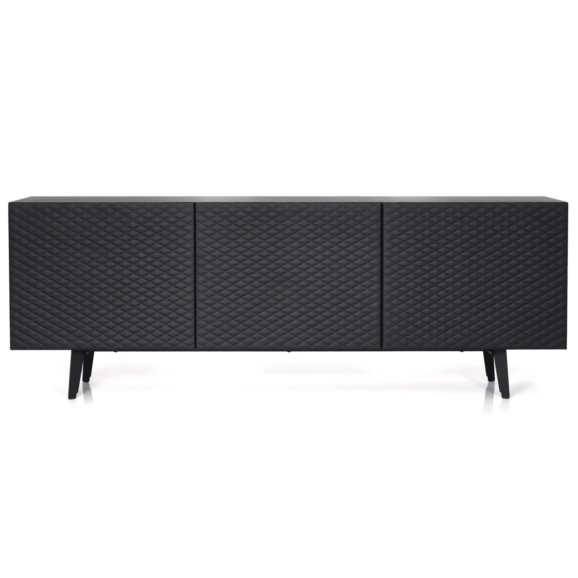 Cattelan Absolut Sideboard, modern black soft leather tufted door, embossed wood case, matt black legs, front view.
