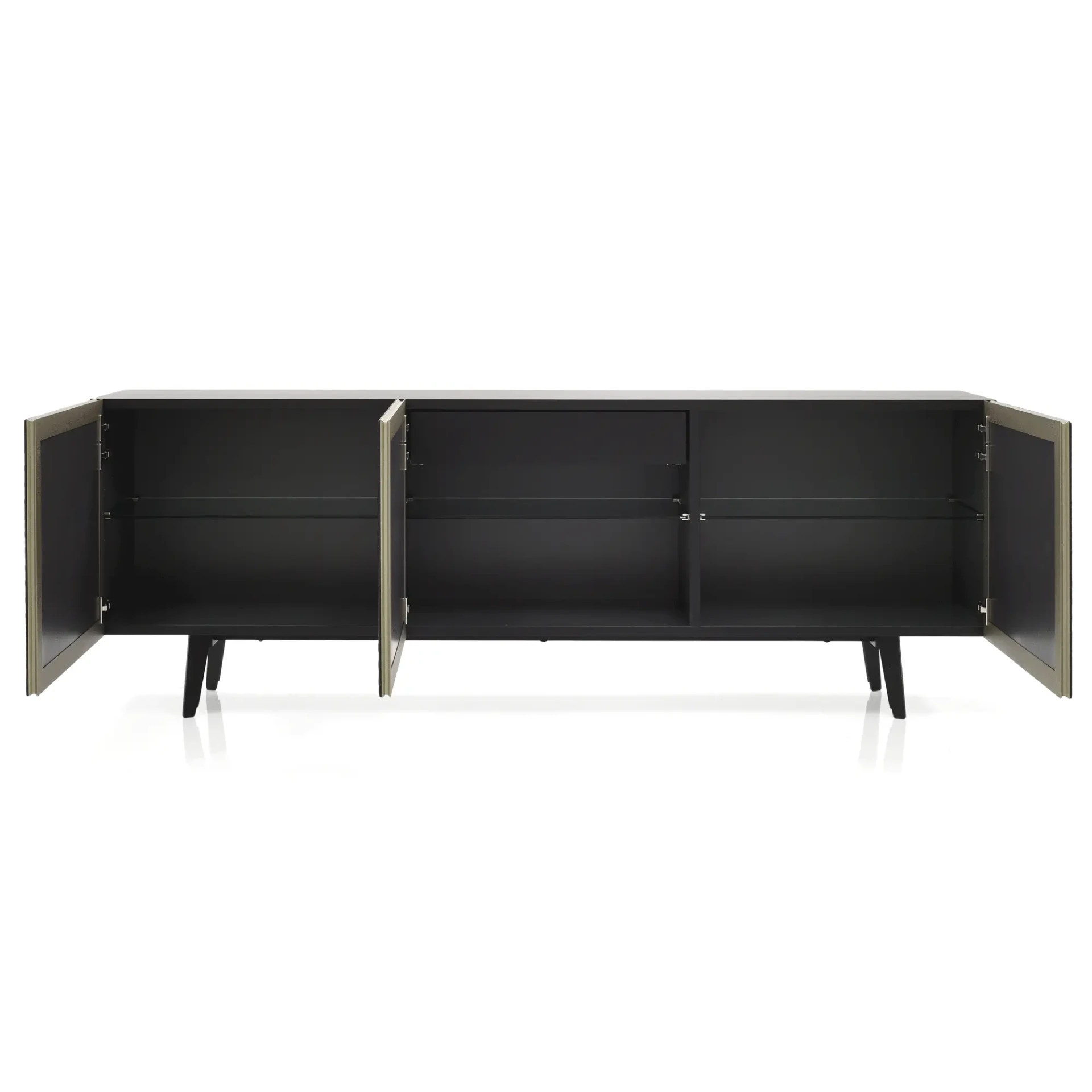 Cattelan Absolut Sideboard, mid-century modern, black embossed wood case, open doors showing interior, front view.