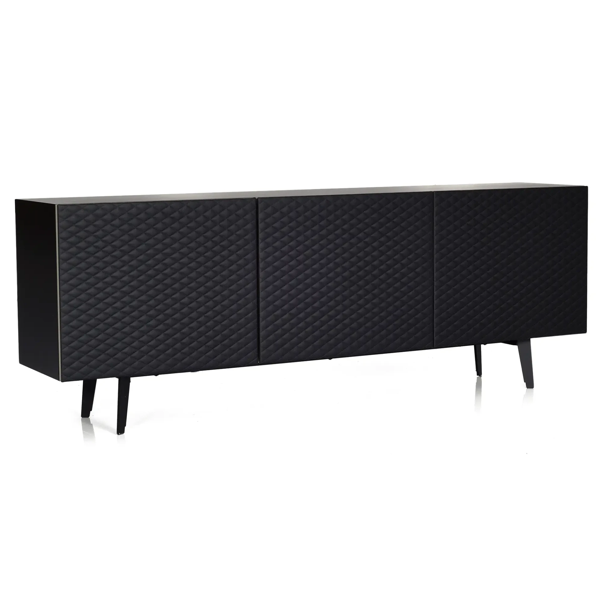 Cattelan Absolut Sideboard, modern black embossed wood case with soft leather tufted doors and matt black legs, front view