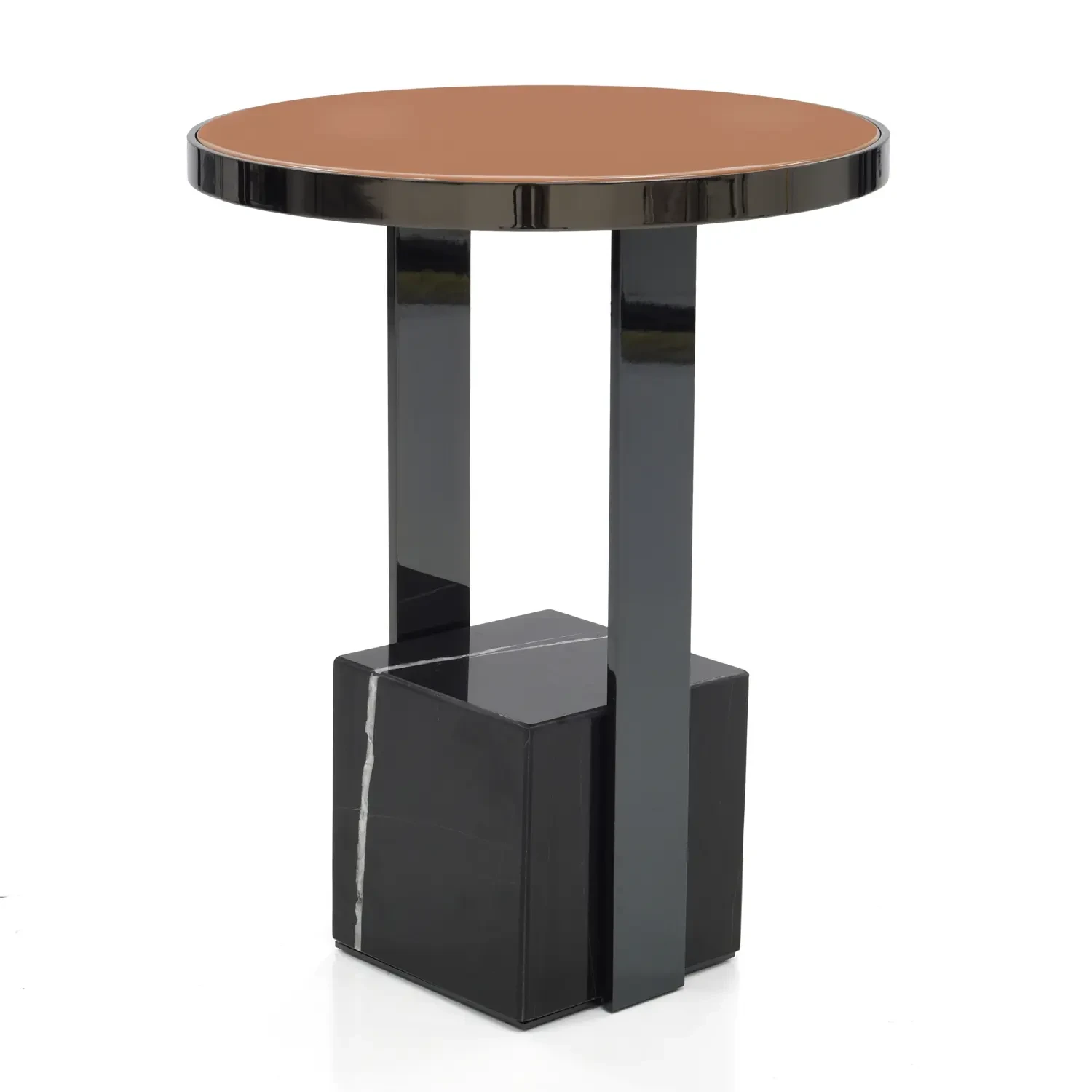 AMBER LACQUER - Malerba Black & More Accent Table, modern style, Hermes Cedar lacquer wood top, black chrome frame, marble base, front view