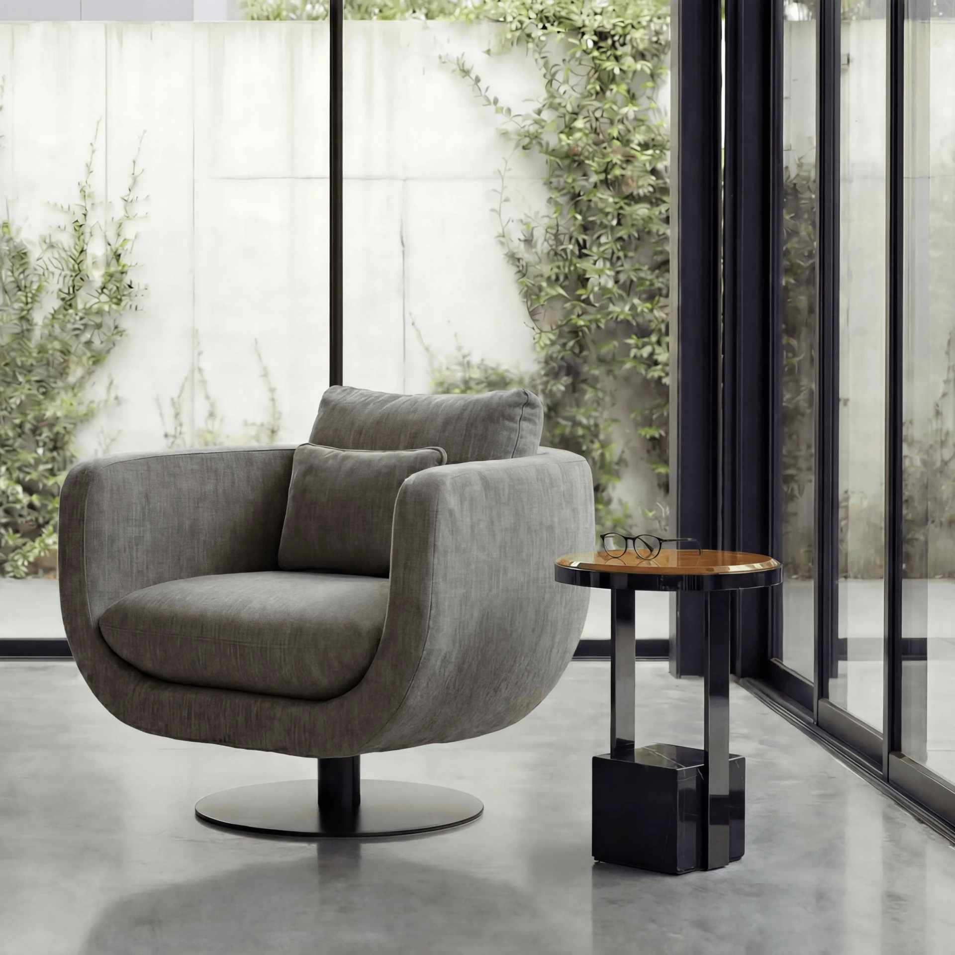AMBER LACQUER - Malerba Black & More Accent Table, modern style, Hermes Cedar Lacquer Wood Top, Marble Base, side view in outdoor living