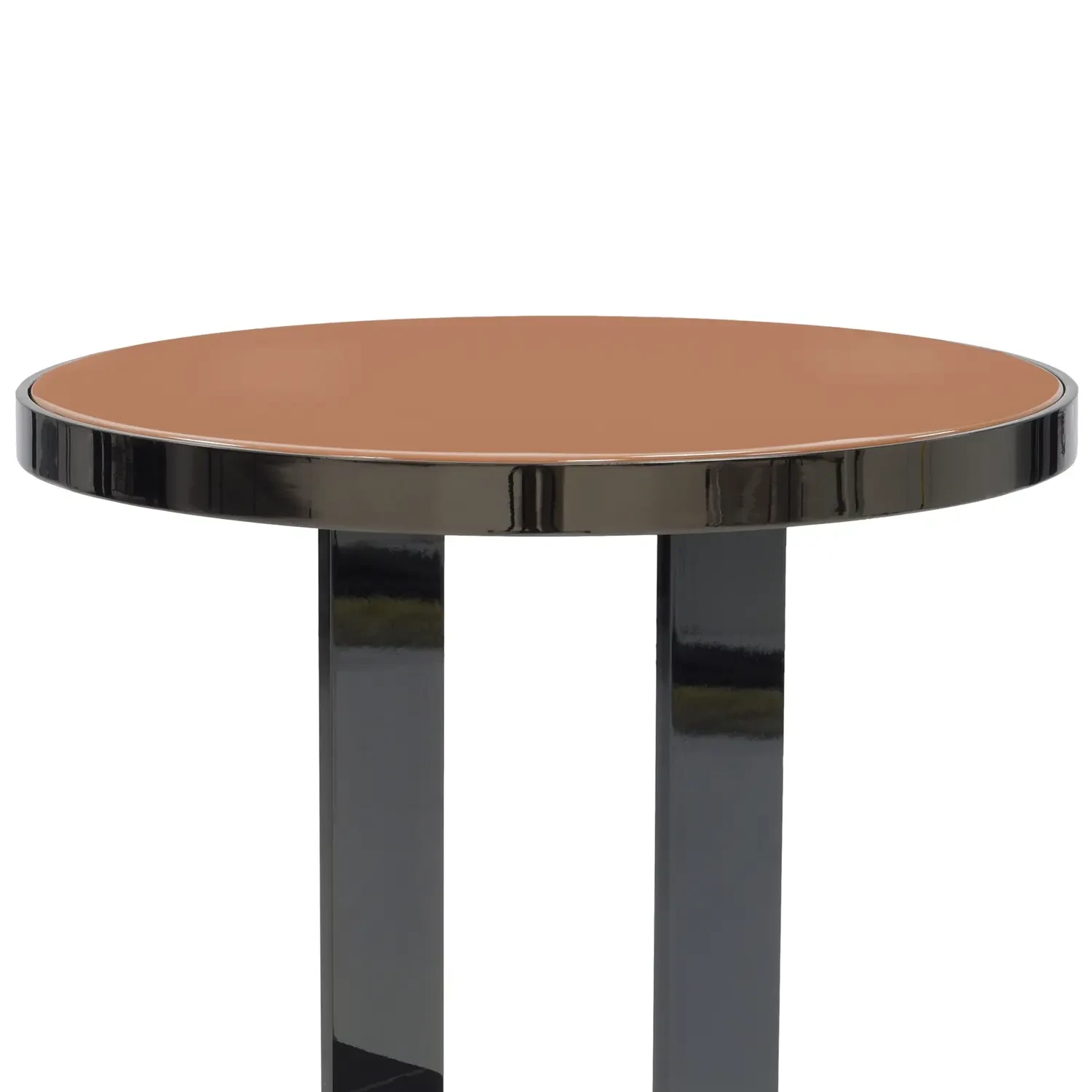 AMBER LACQUER - Malerba Black & More Accent Table, Hermes Cedar Lacquer Wood Top, Black Chrome Frame, front view.