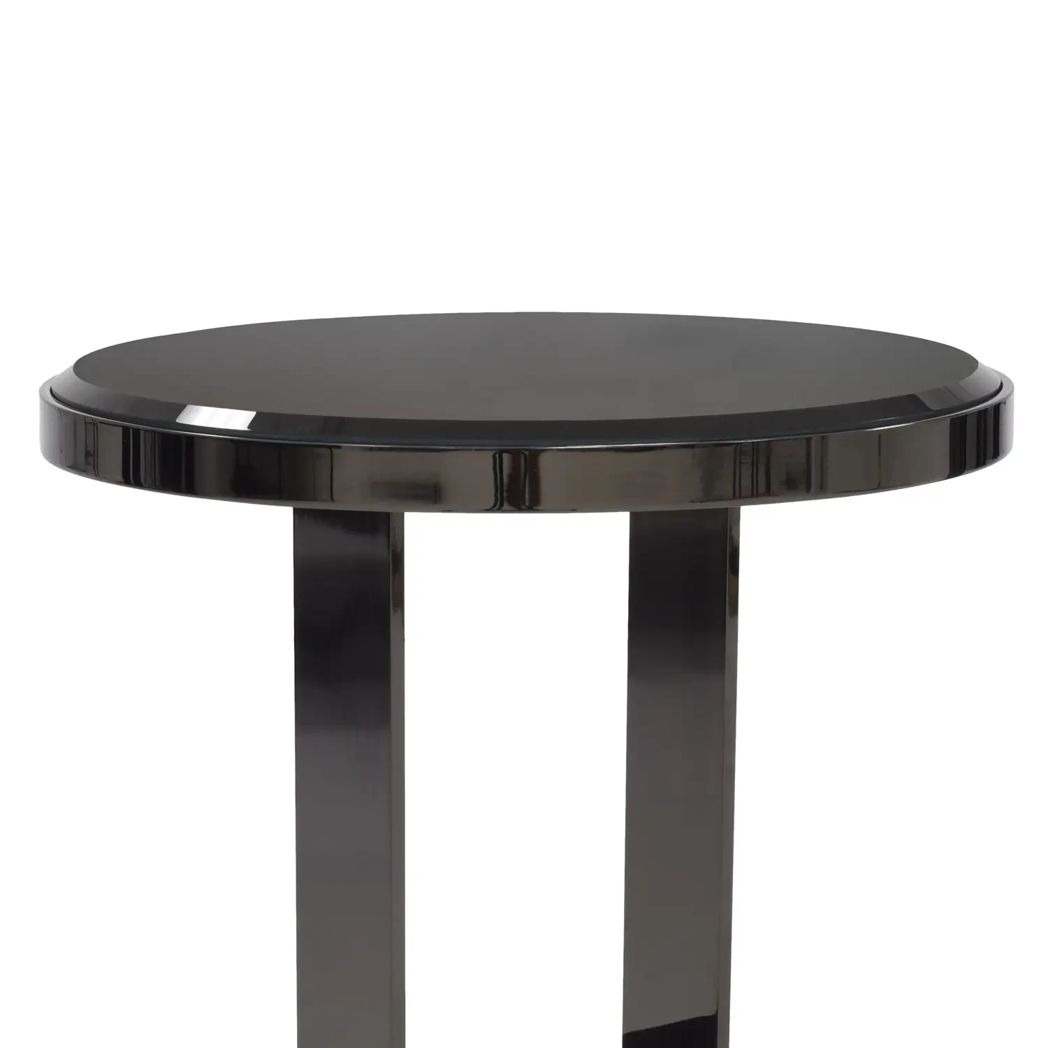 GREY GLASS - Malerba Black & More Accent Table, modern grey glass top and black chrome frame, eye-level close-up view.