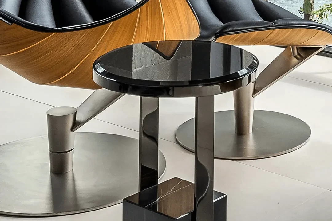 GREY GLASS - Malerba Black & More accent table, grey glass top, black chrome frame, marble base, living room, close-up angle
