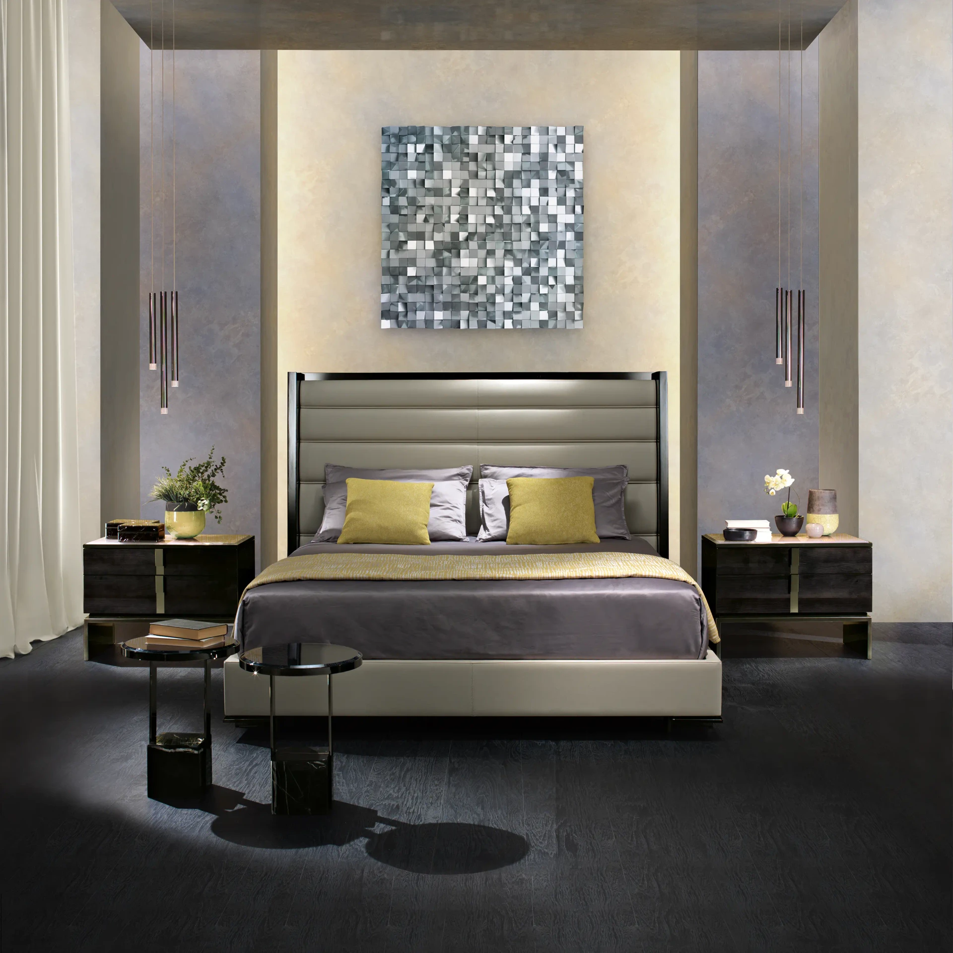 GREY GLASS - Malerba Black & More Accent Table, modern style, grey glass top, black chrome frame, marble base, bedroom setting, front view