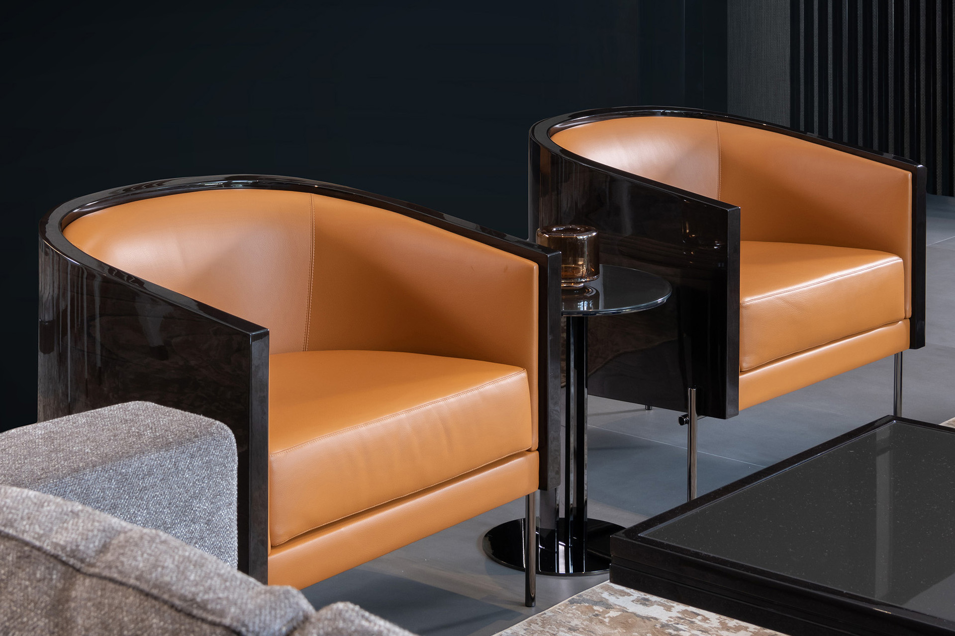 COGNAC LEATHER || GREY NABUK || Closeup- Shown here in the Cognac Leather option