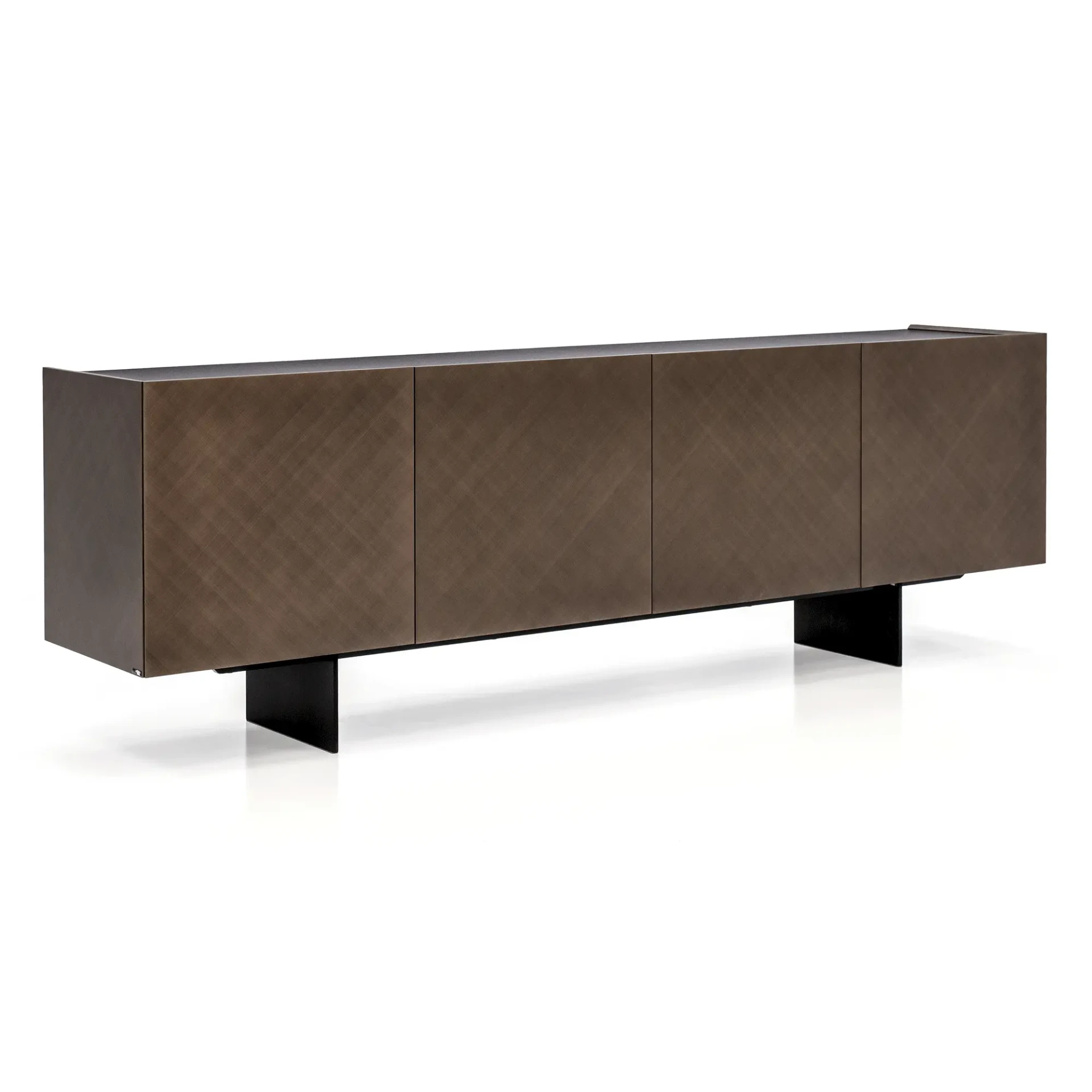 BRUSHED BRONZE - Cattelan Arizona Sideboard with brushed bronze doors, moka glass top, and black steel feet, angled front view.