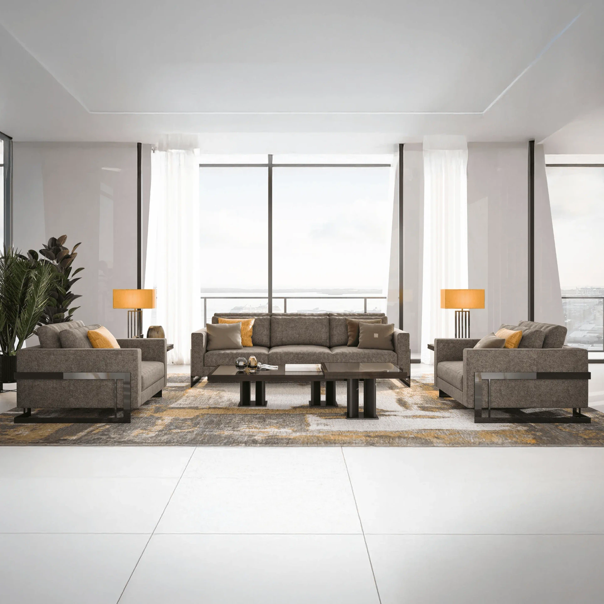 Malerba Perfect Time Arm Chair, modern grey textured fabric, black chrome frame, living room setting, front view.