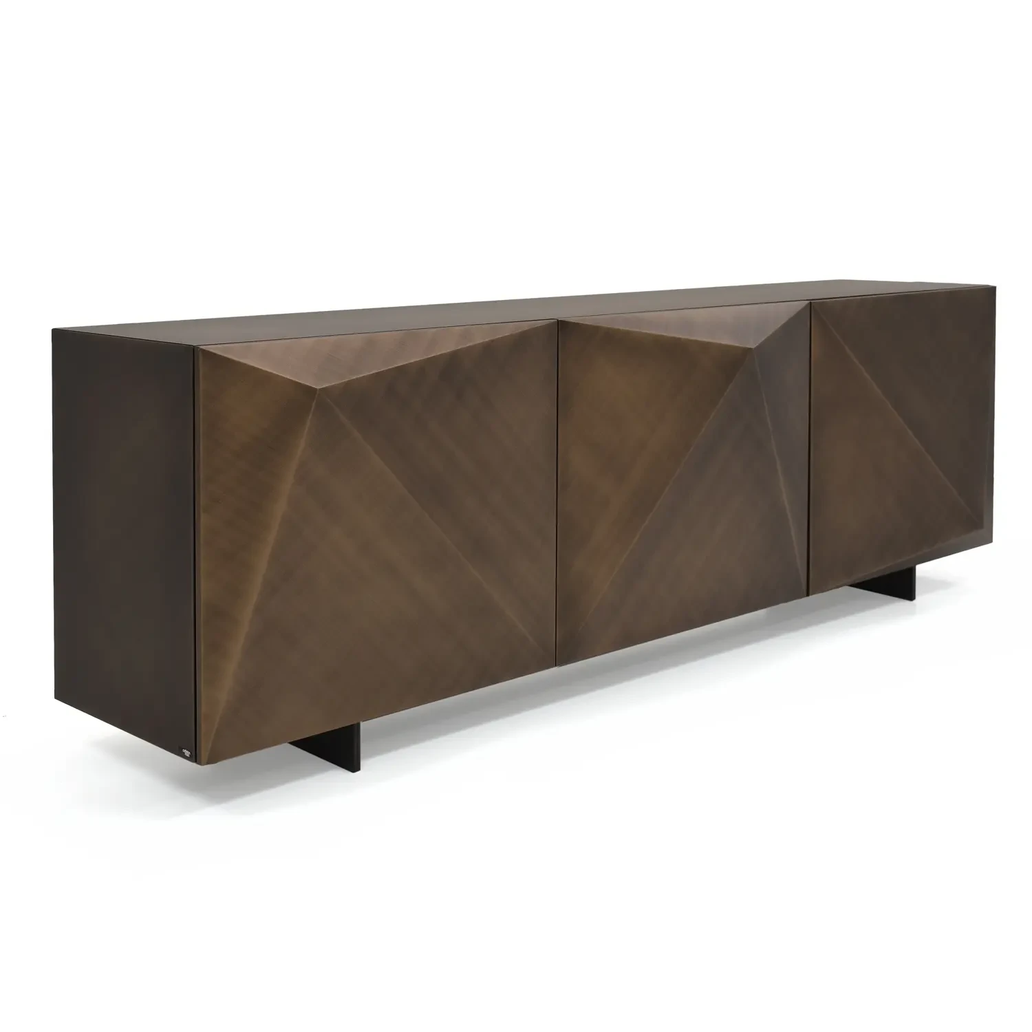 BRUSHED BRONZE - Cattelan Kayak 3-door Sideboard in Brushed Bronze with Graphite Steel Legs, geometric faceted doors, angled front view