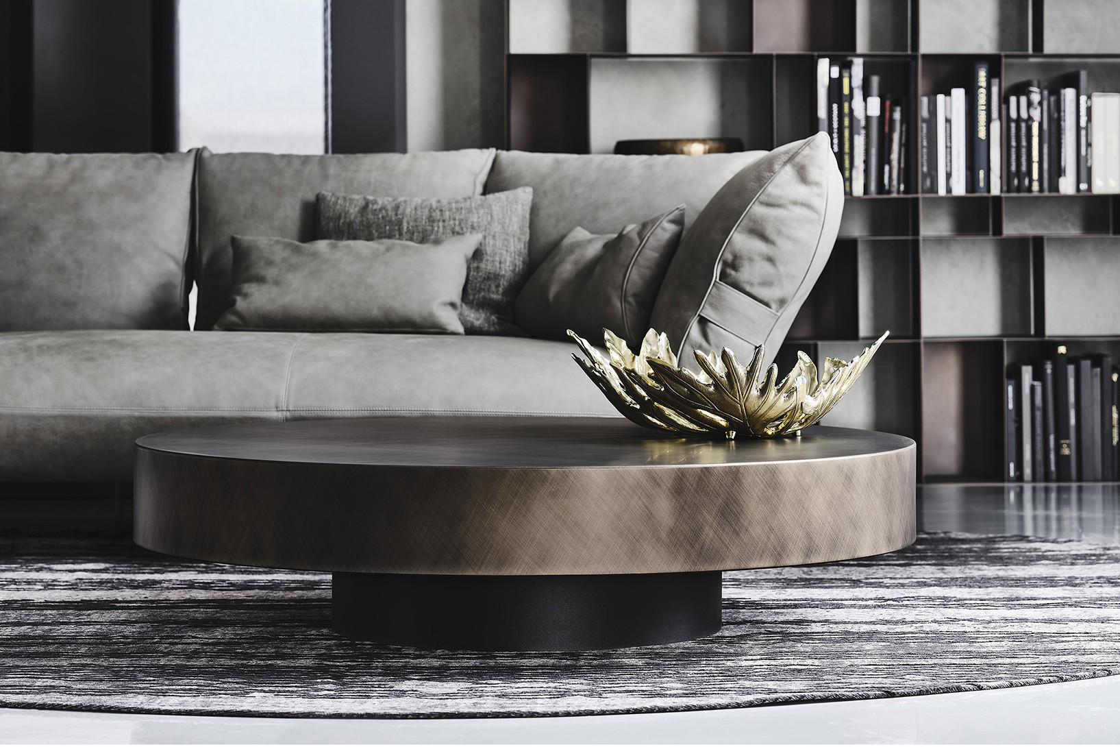 BRUSHED BRONZE || Closeup - Arena Cocktail Table Shown in a Living Room Setting