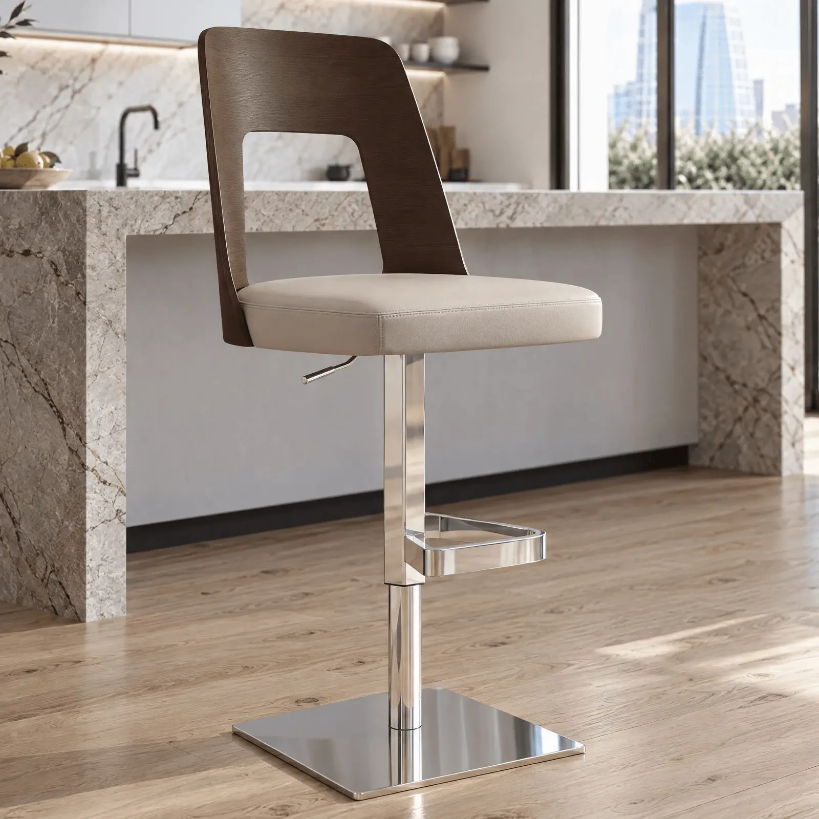 City Bar Stool, modern style, beige leather seat, ash stained walnut back, chrome base, side view in kitchen setting.