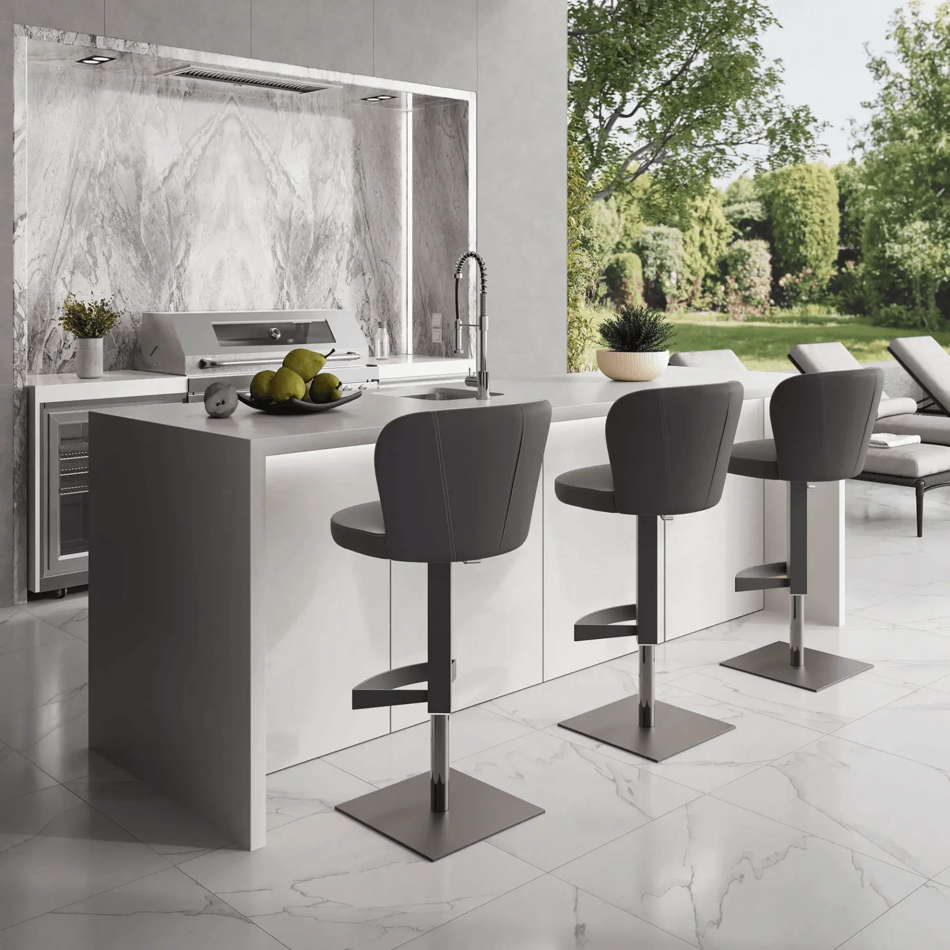 Three Ocean Bar Stools, modern style, Black Seatex and Charcoal Powder Coat, angled view in outdoor kitchen setting.