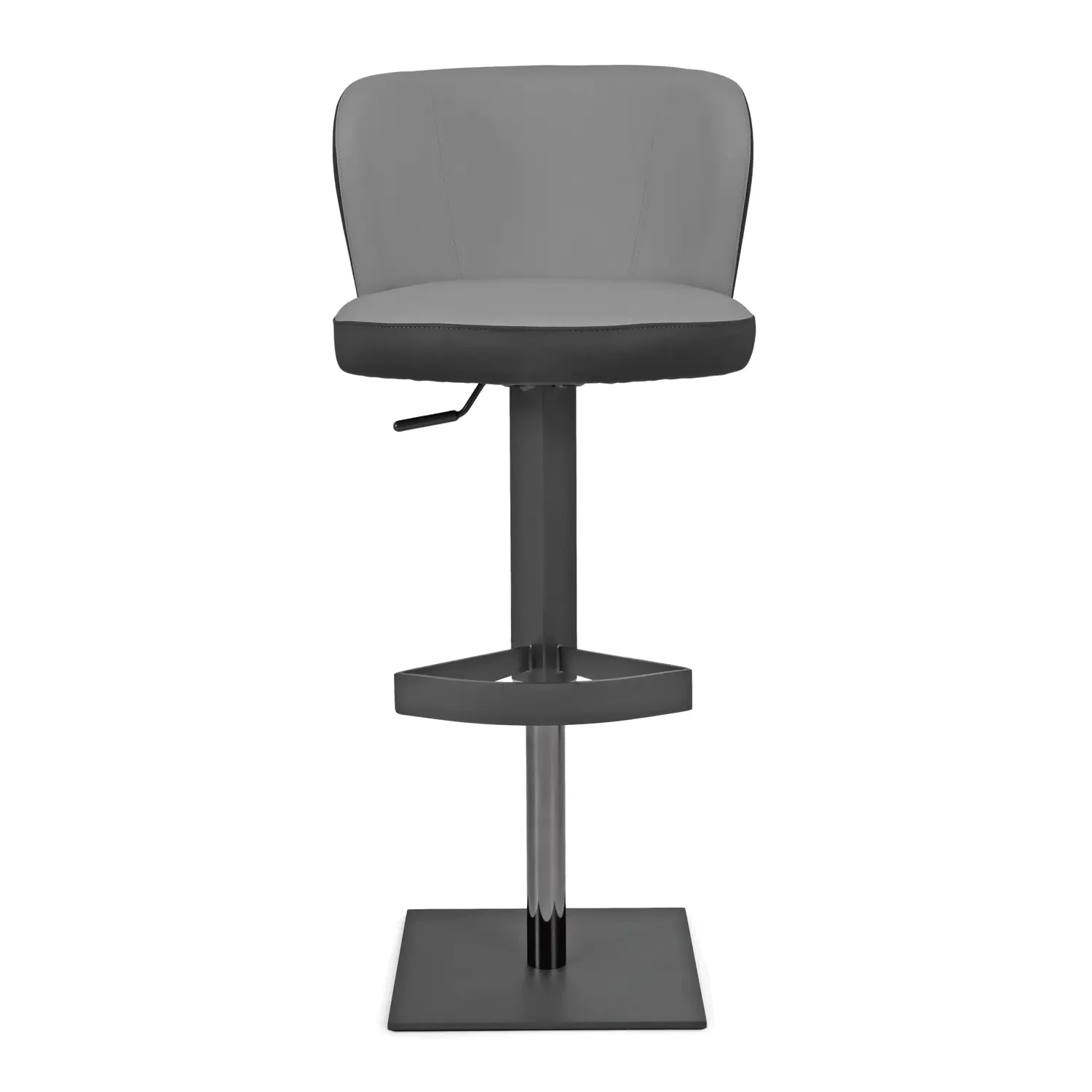 Ocean Bar Stool, modern, grey and black Seatex, charcoal powder coat base, adjustable lift, front view.