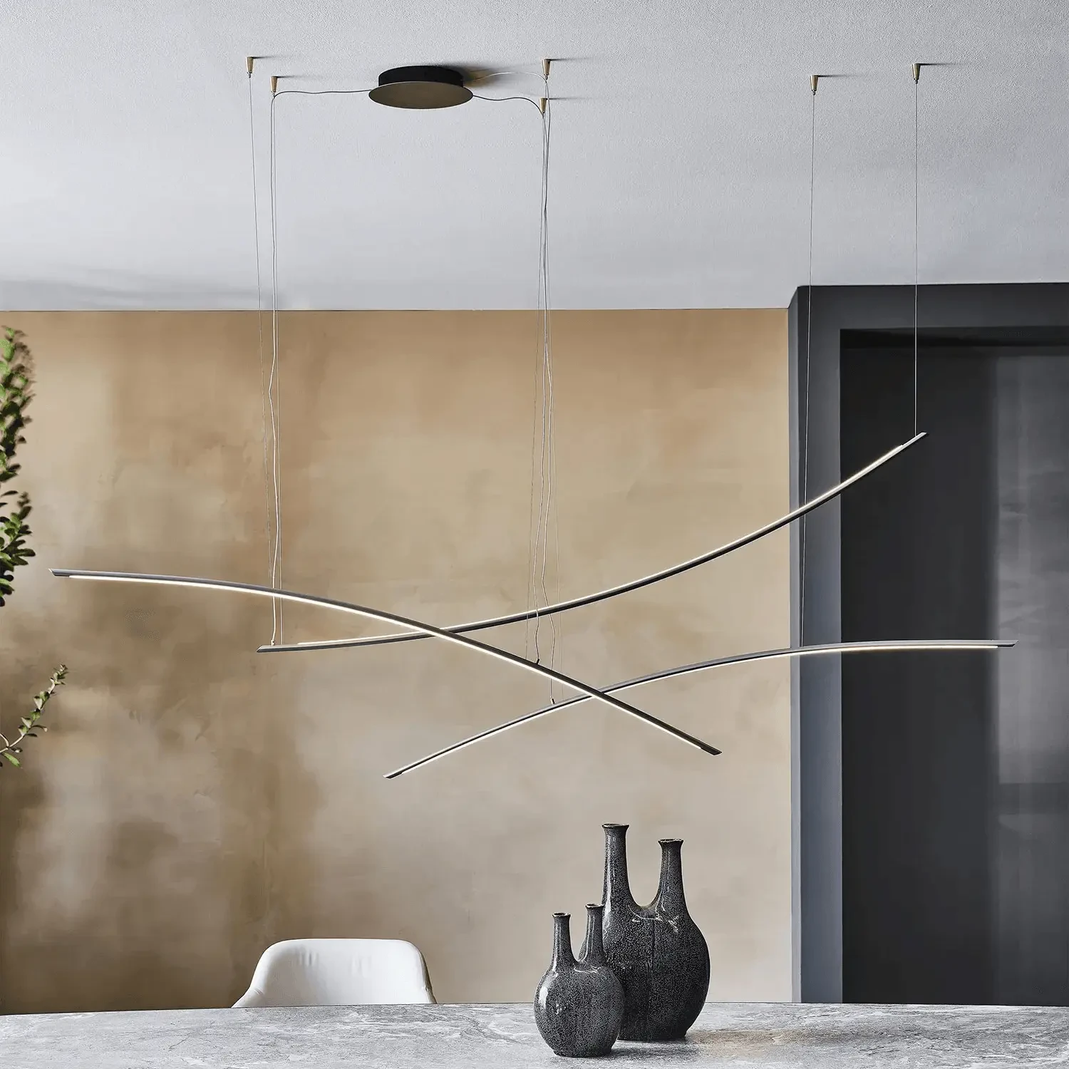 Cattelan Katana Ceiling Lamp in Titanium Lacquered Steel, modern LED light, dining room setting, front view.