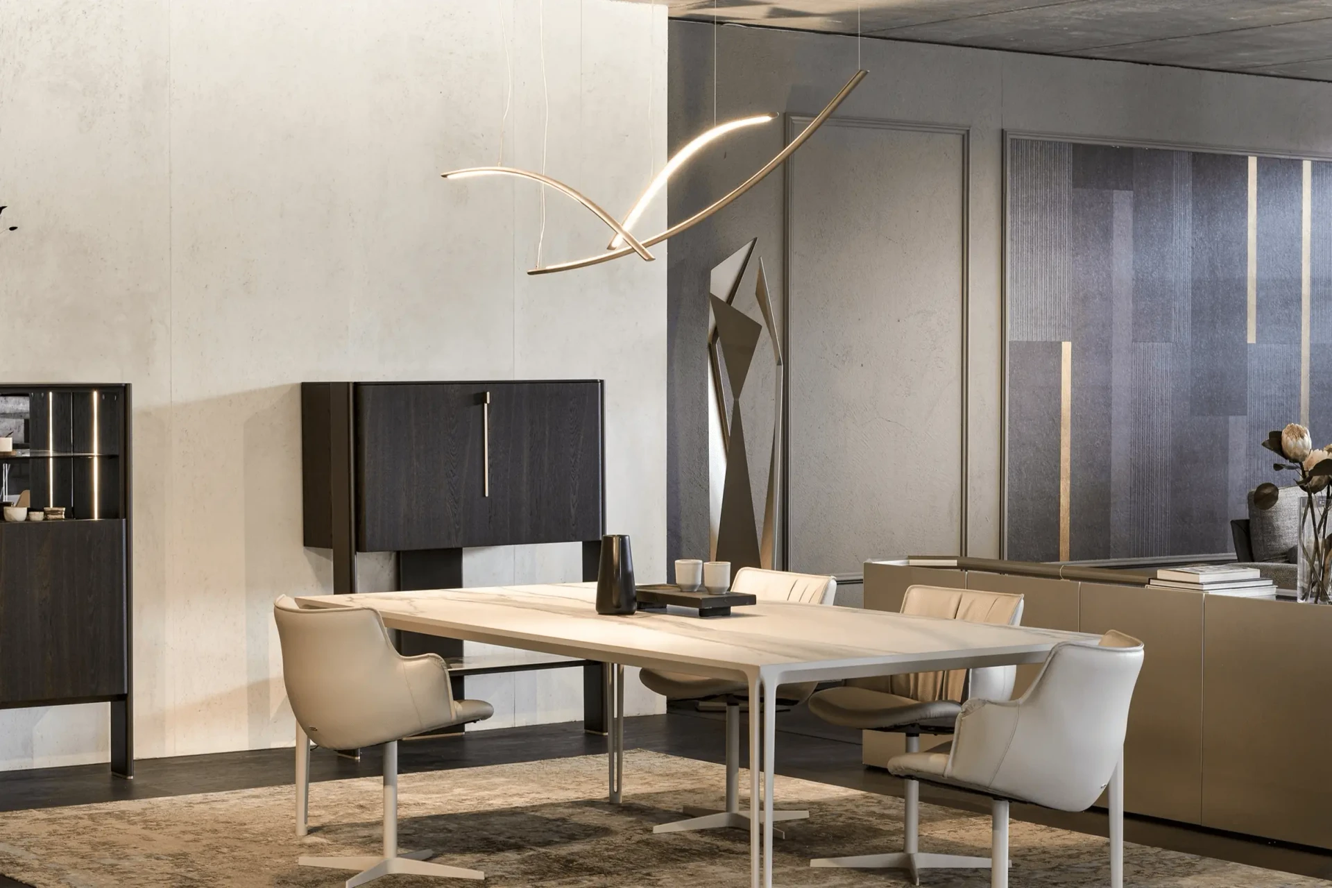Cattelan Katana Ceiling Lamp, titanium lacquered steel, curved LED strip, modern dining room, eye-level wide shot.