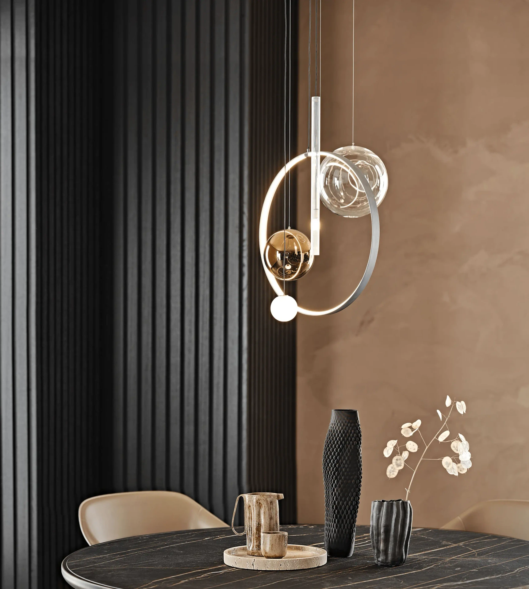 Cattelan Biarritz Ceiling Lamp in Transparent/Bronze/Frost Glass, modern style, dining room setting, eye-level view.