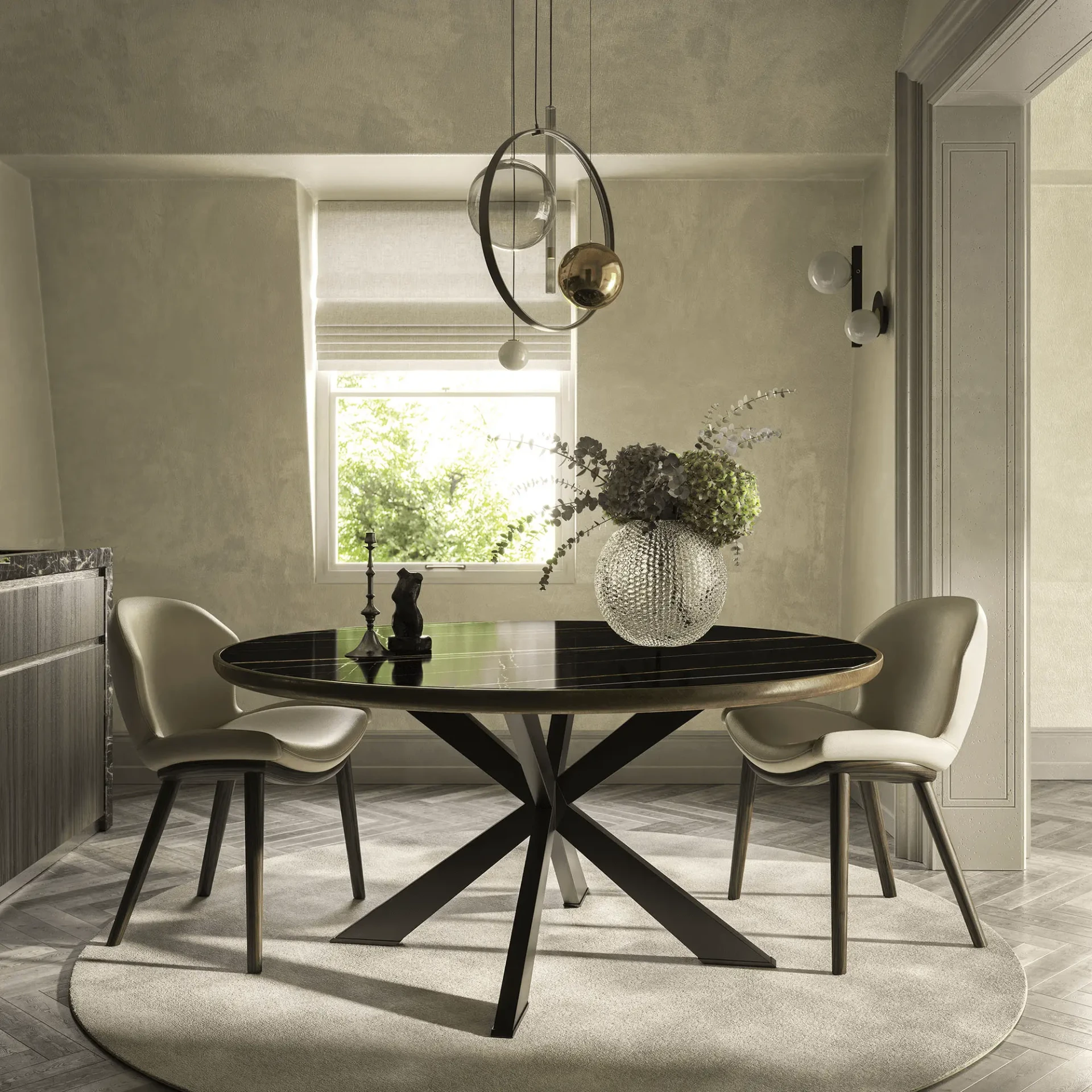 Cattelan Biarritz Ceiling Lamp with Transparent, Bronze, and Frost Glass spheres in a modern dining room, eye-level view.