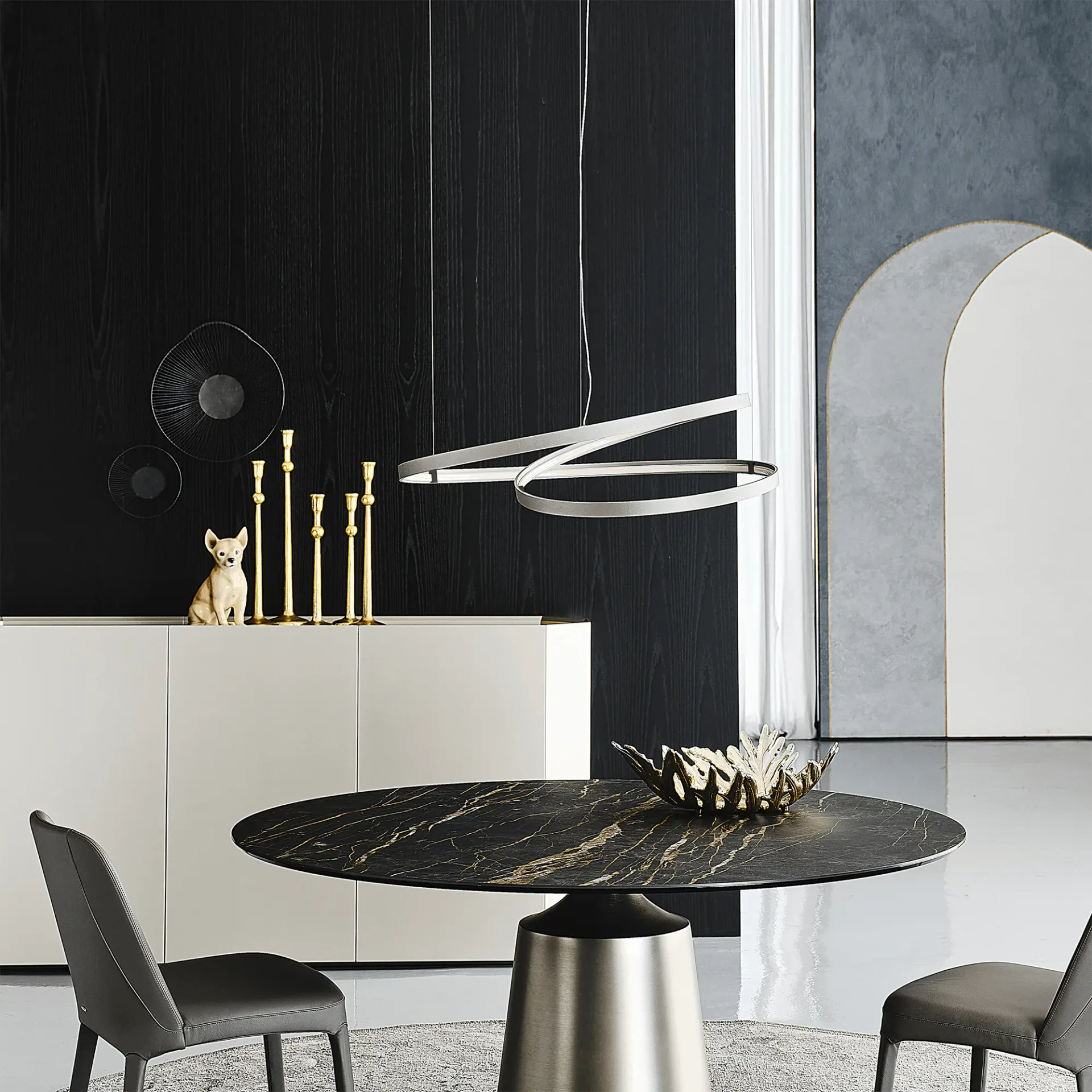 Cattelan Heaven Ceiling Lamp, Titanium Embossed, Integrated LED, modern dining room setting, eye-level side view.