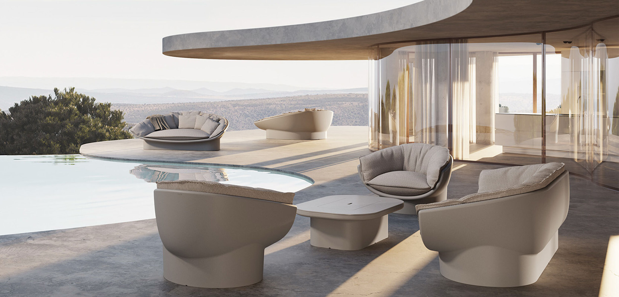 Vondom modern outdoor furniture set on a luxury villa terrace beside a swimming pool Vondom modern outdoor furniture set on a luxury villa terrace beside a swimming pool