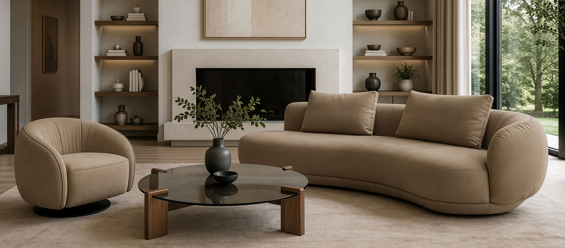 Beige curved velvet sofa and matching barrel armchair in a modern minimalist living room