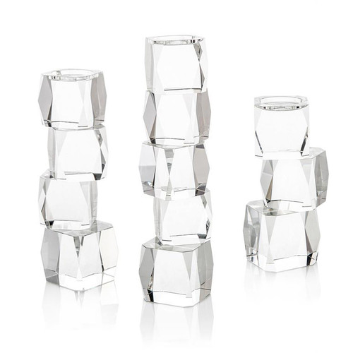 SMALL || MEDIUM || LARGE || Closeup - Crystal Cubist Candleholders Shown Together; Sold Separately