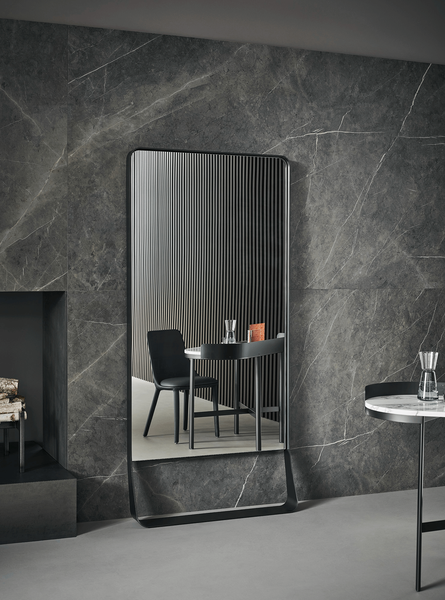 Narciso Floor Mirror Shown in a Living Room Setting