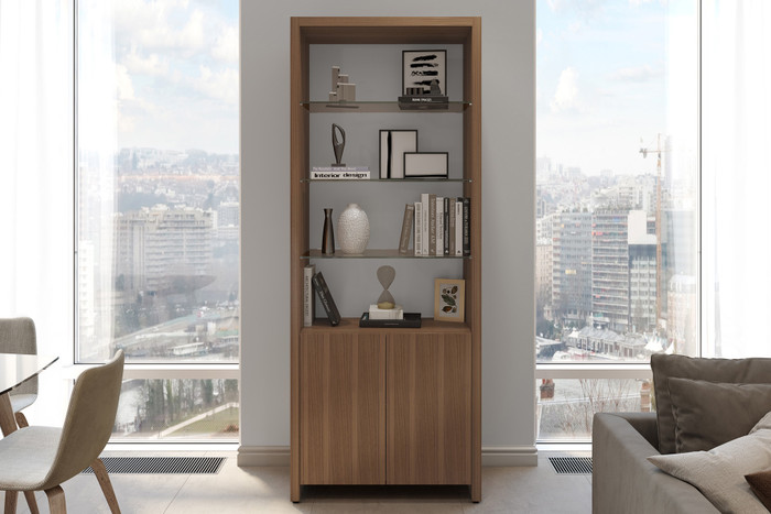 NATURAL WALNUT - Linea Double Shelf Shown in a Living Room Setting