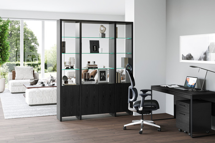 CHARCOAL ASH || NATURAL WALNUT || SATIN WHITE  - Linea Shelf Shown in the 3 Shelf 66.25" Option