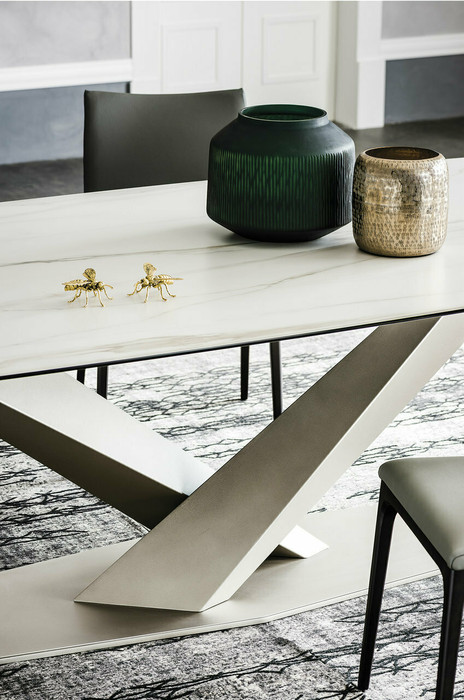 Closeup - Shown here of the Matte Golden Calacatta ceramic top and Titanium embossed base.