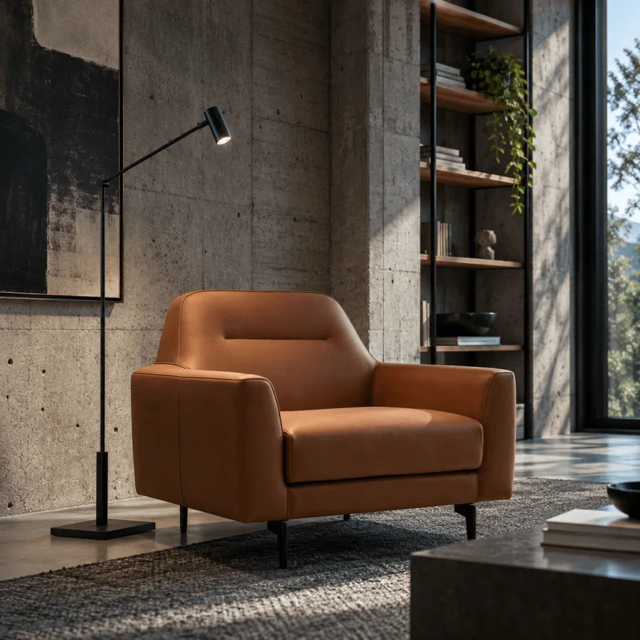 Dellarobbia Andes Chair in saddle leather with sable legs, modern style, living room setting, front three-quarter angle.