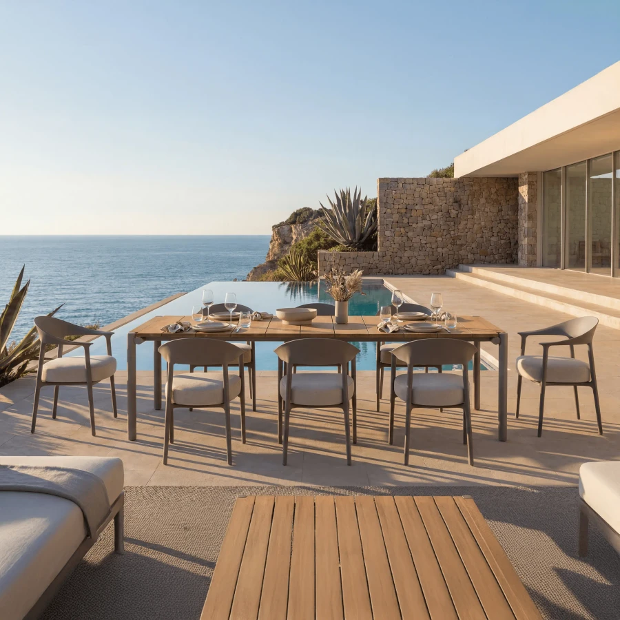 TORTORA - Vondom Tulum Dining Table, natural teak top, tortora powder coat frame, outdoor dining setting, wide angle view.