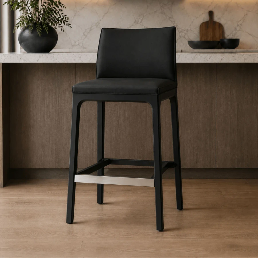 NERO - Cattelan Arcadia Couture Counter Stool, Nero Black soft leather, matt black stained beech frame, front view in kitchen