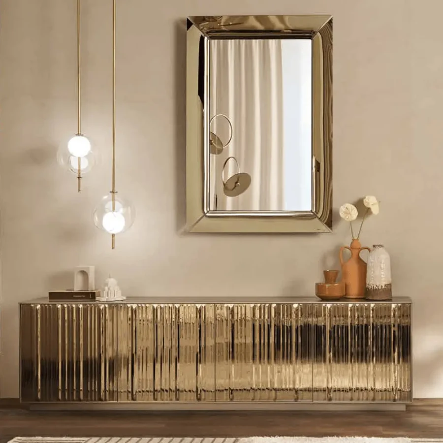 Fiam Echo Line Sideboard in Metallic Greige with Bronze Fused Line Glass Doors in a living room, front view.