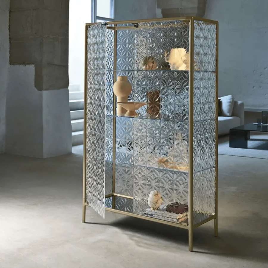 Fiam Echo Showcase in Metallic Champagne with Extralight Fused Echo Glass, 3/4 angle view in a modern living room setting.