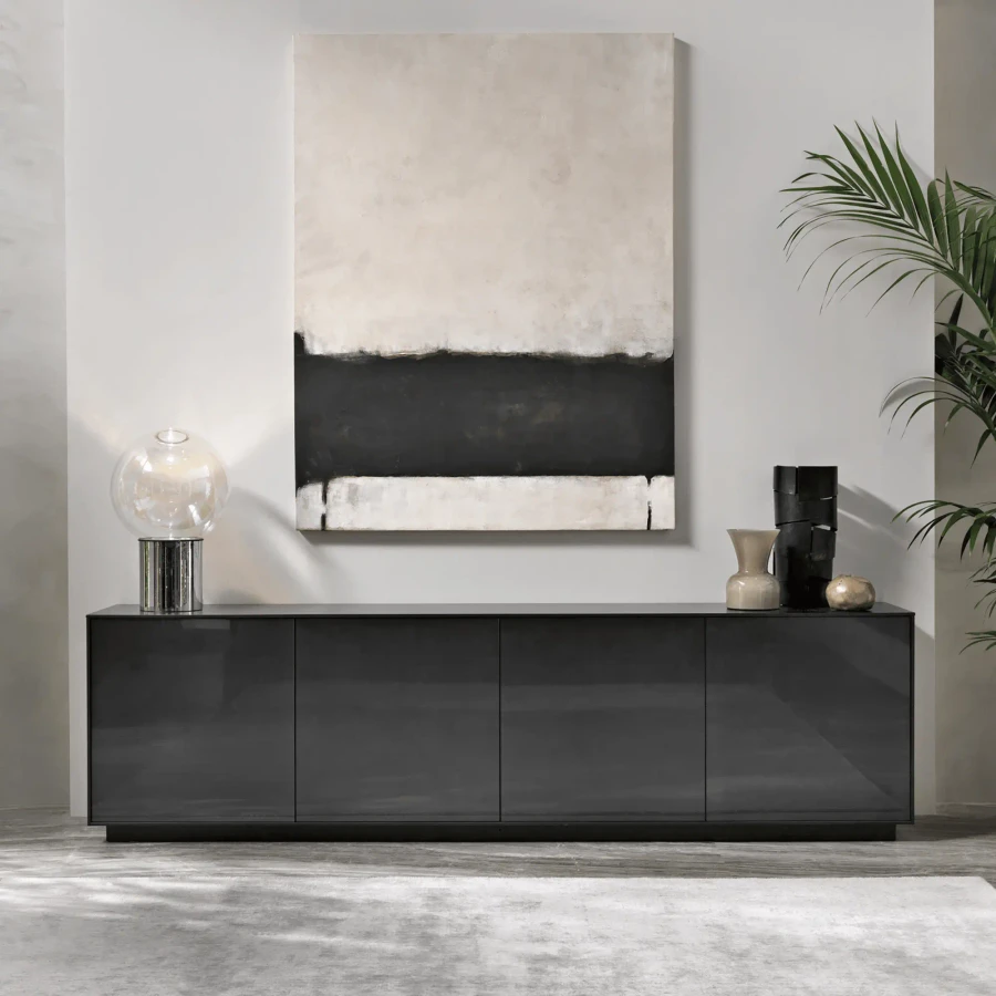 VULCAN GREY - Fiam Echo Sideboard in Vulcan Grey with flat glass doors in a living room setting, front view.