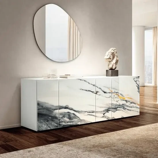 Lago 36e8 Sideboard in Paonazzo Marble Pol. XGlass and white lacquer frame, modern style, front view in living room setting.