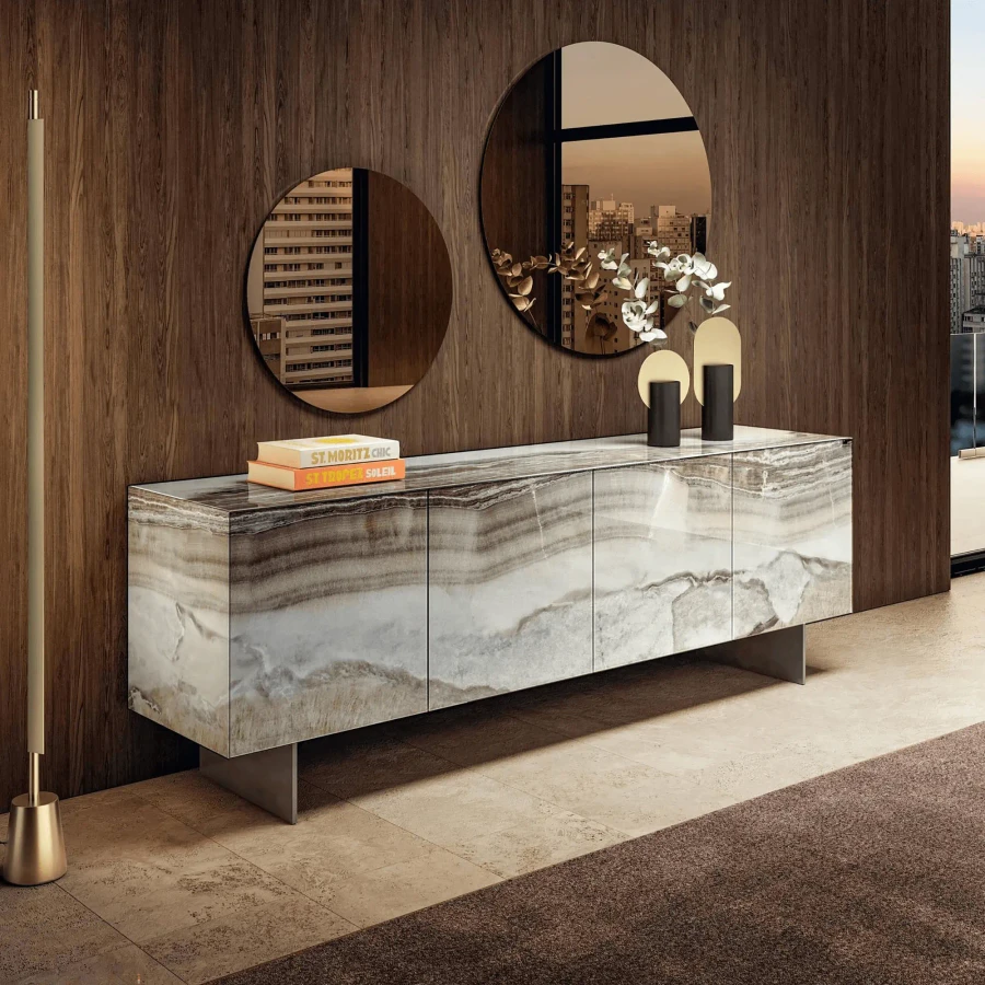 Lago Materia Sideboard in Onice Grigio polished Xglass with titanio steel legs, modern style, front view in living room.