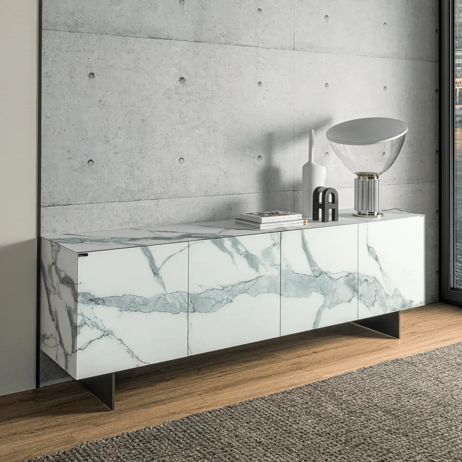 Lago Materia Sideboard in Statuario Marble Pol. XGlass with Peltro steel legs, modern style, living room, front angle view.